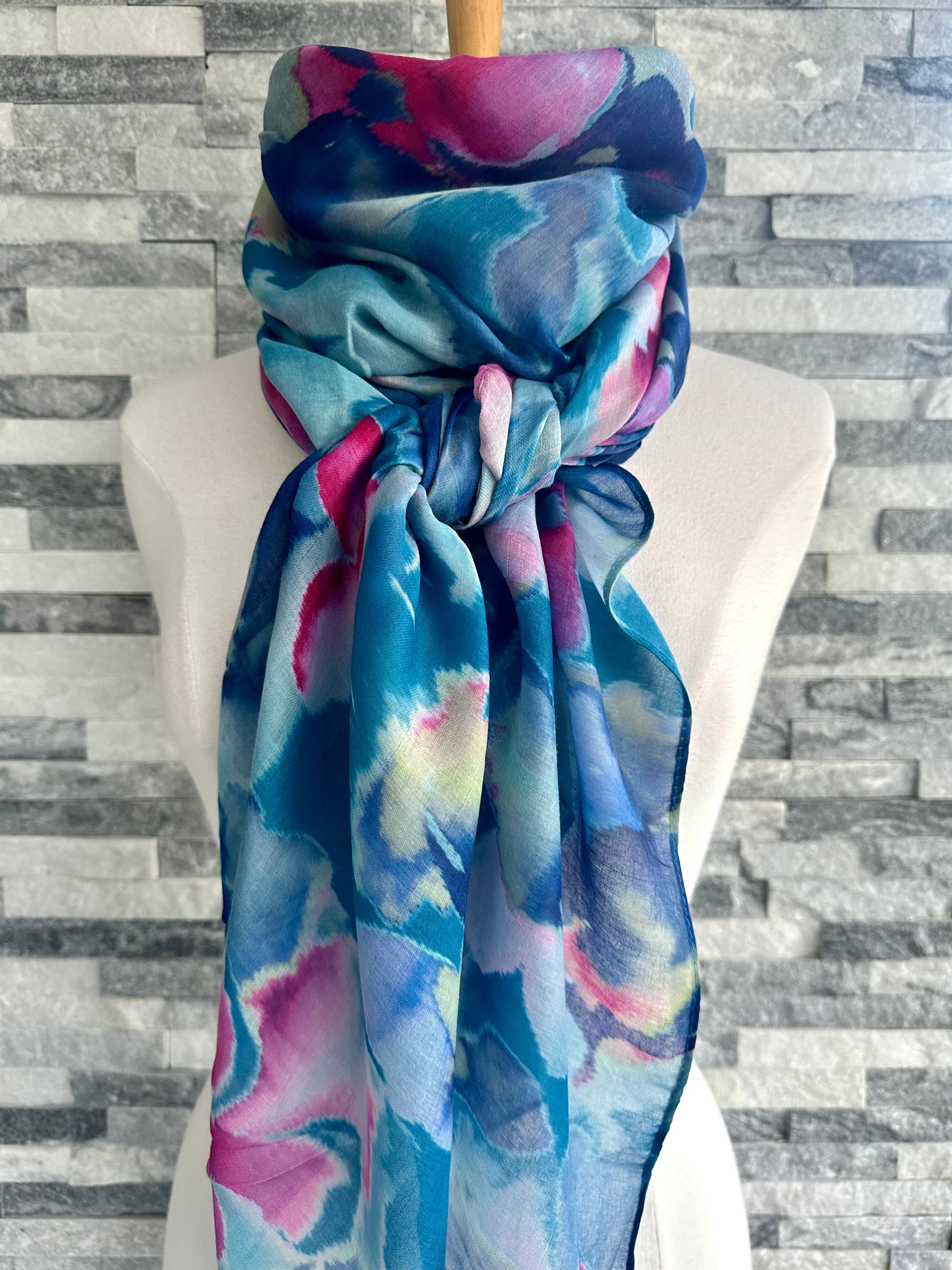 Ladies Water coloured Floral Shapes Scarf, Turquoise Blue and Hot Pink. - Image 3
