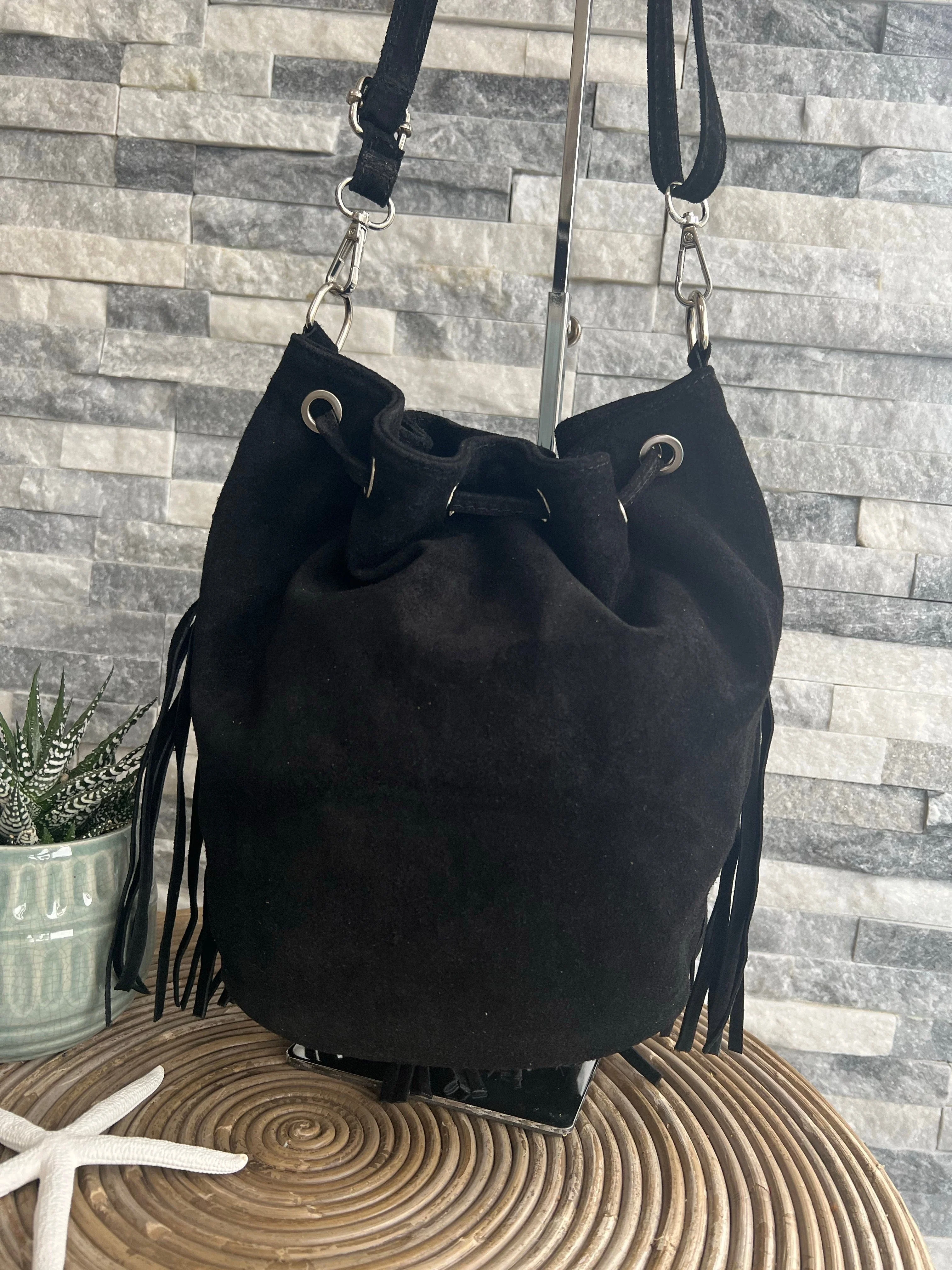 Black Genuine Leather suede bucket bag / handbag / crossbody bag with studs - Image 3