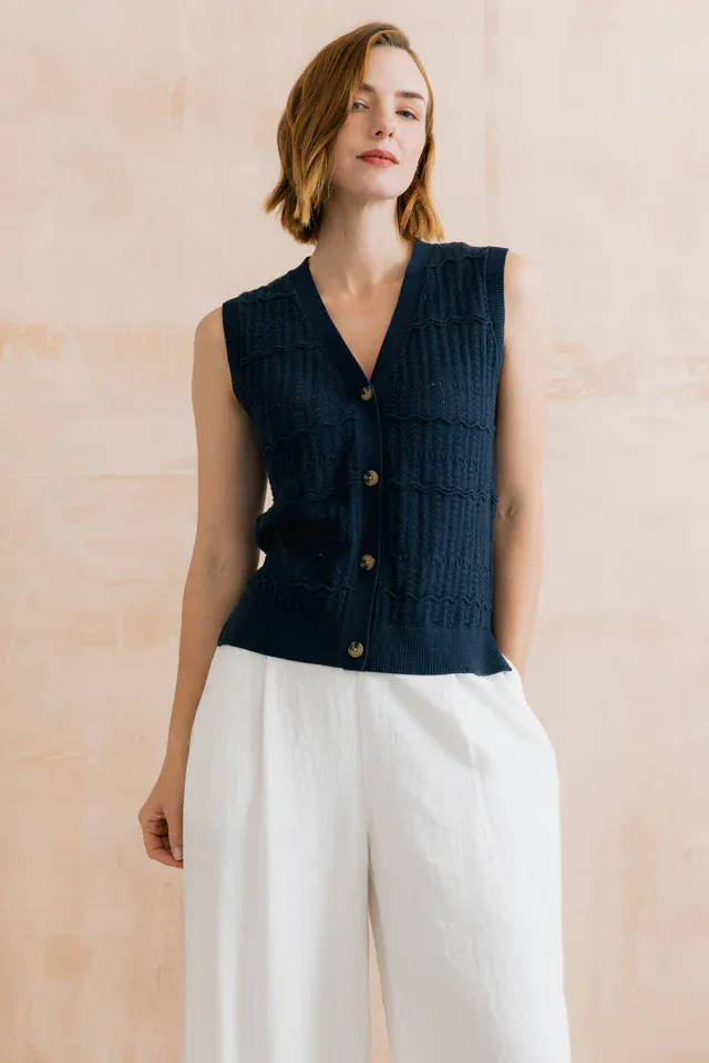 Lily and Me Sophie Pointelle Knit Sleeveless Waistcoat Navy - Image 10