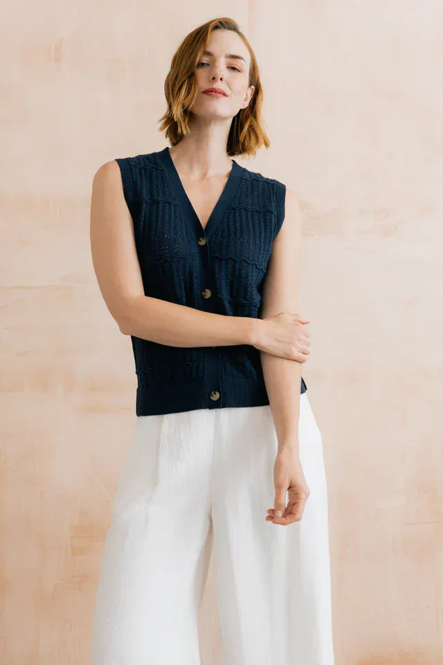 Lily and Me Sophie Pointelle Knit Sleeveless Waistcoat Navy - Image 9
