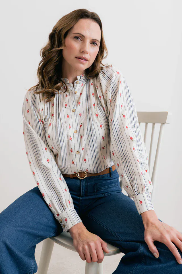 Lily & Me Flora Embroidered Stripe Blouse Ecru - Image 4