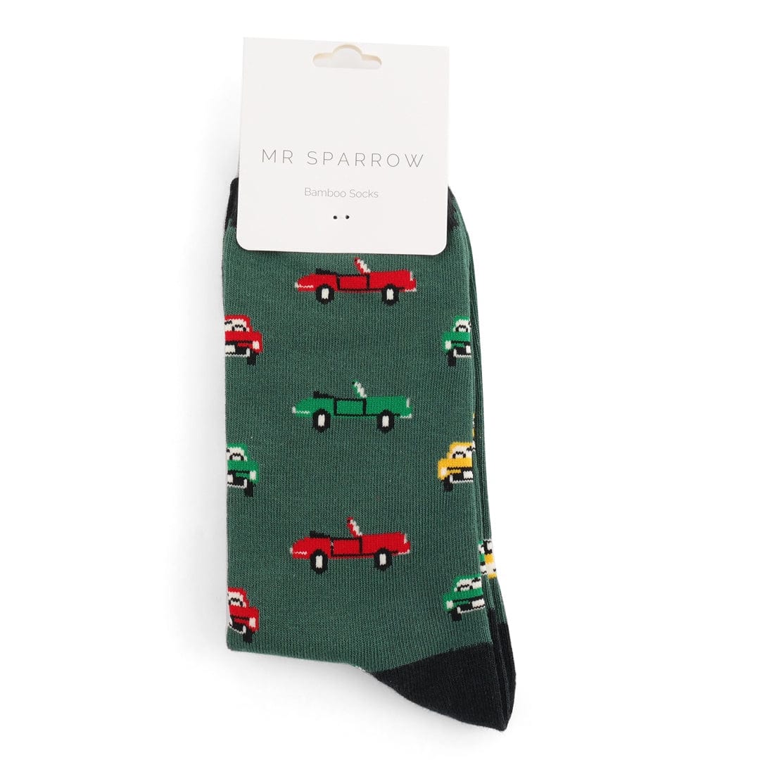 Men's Bamboo Socks , Mr Sparrow Classic Cars , Green - Image 2