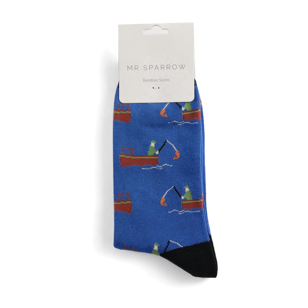 Men's Bamboo Socks , Mr Sparrow Gone Fishing Design , Blue - Image 2