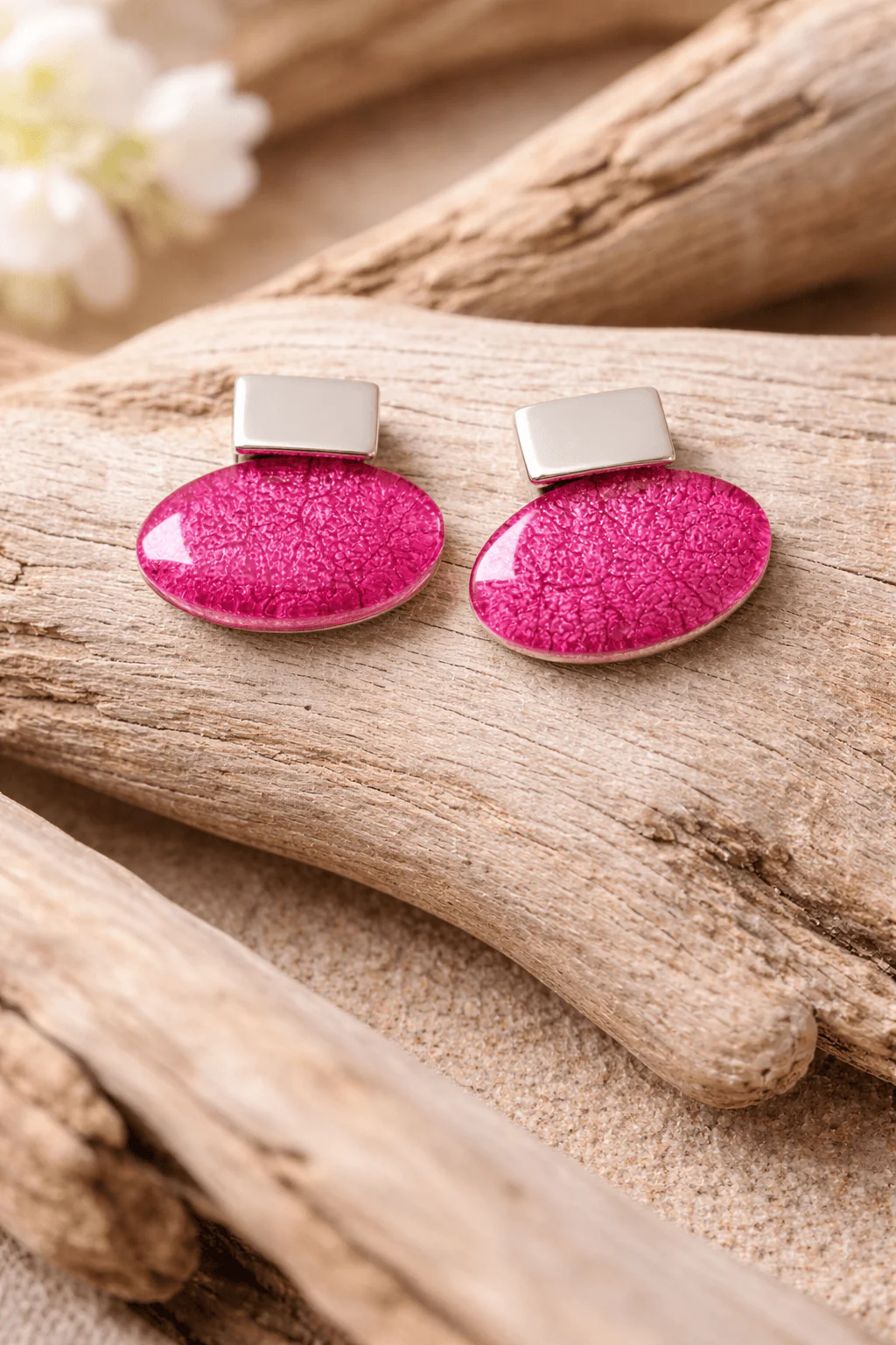 Miss Milly Bright Pink Oval Resin Statement Earrings – Silver Tone Bar Stud - Image 2