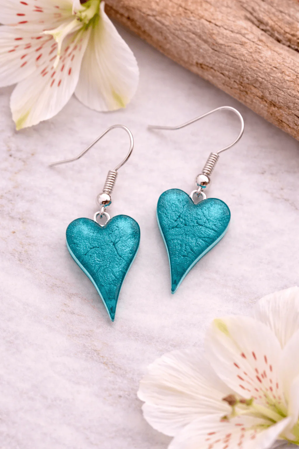 Miss Milly Deep Turquoise  Textured Heart Drop Earrings - Image 3
