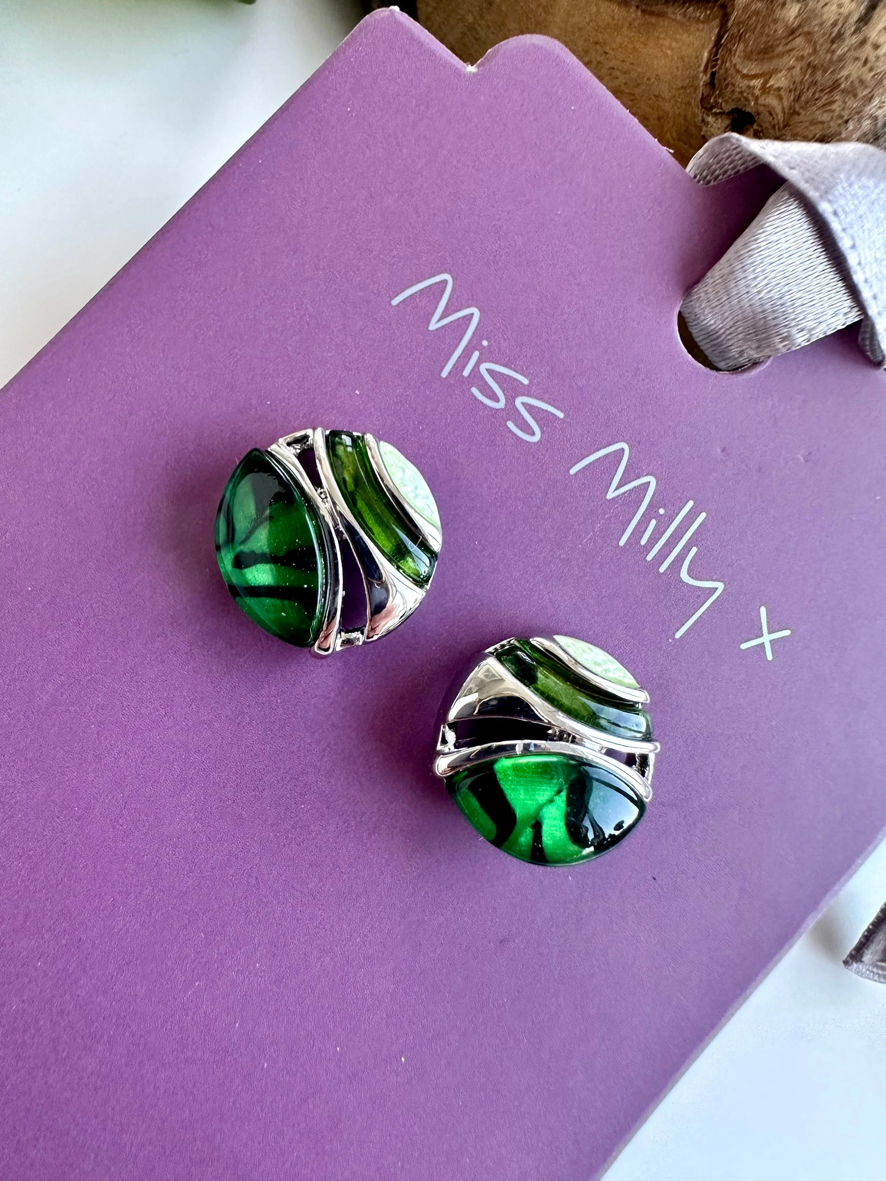 Miss Milly Green Animal Print and Silver Earrings FE679 - Image 2