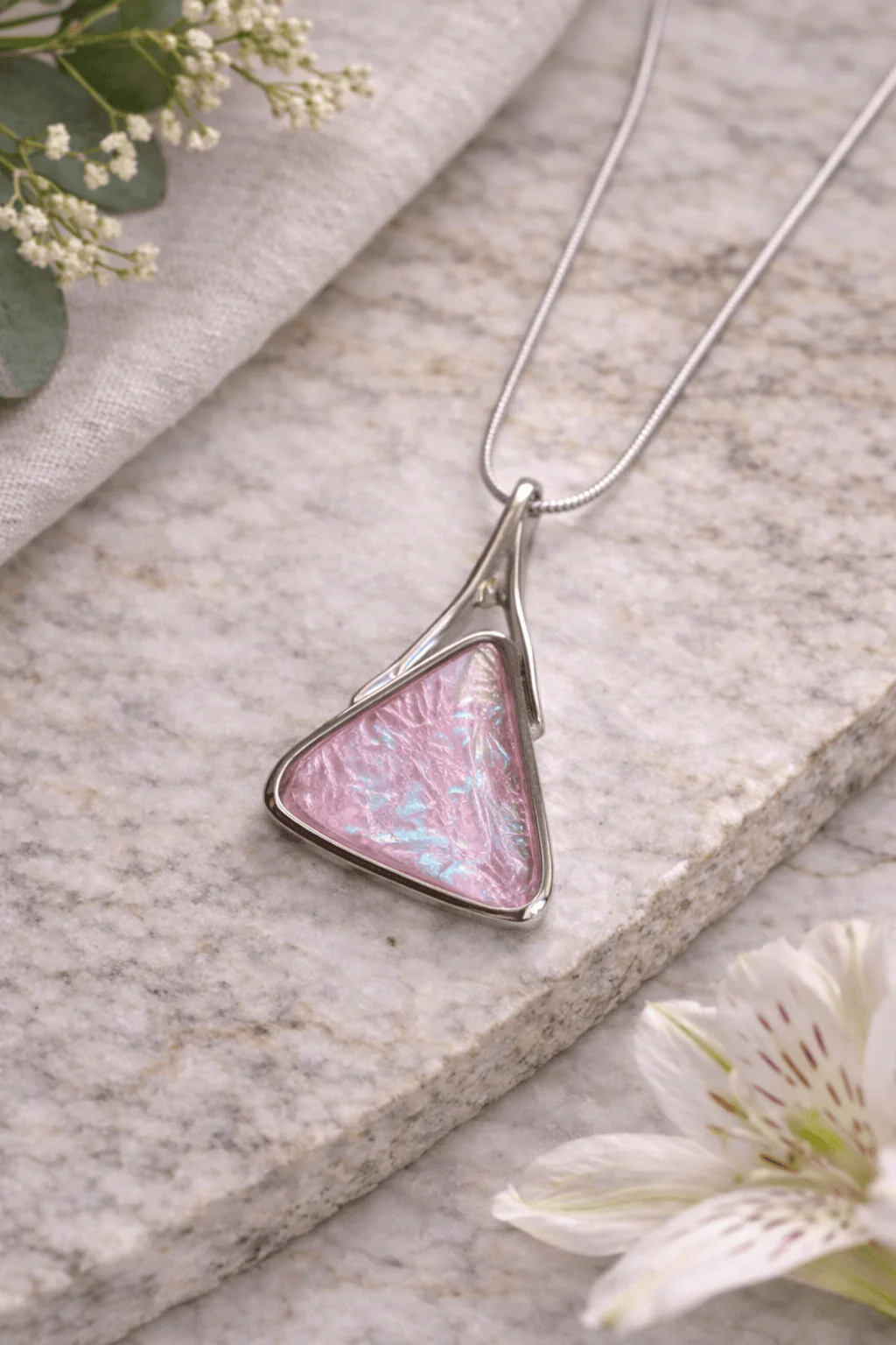 Miss Milly Pale Pink Foil Resin Triangle Pendant Necklace - Image 2