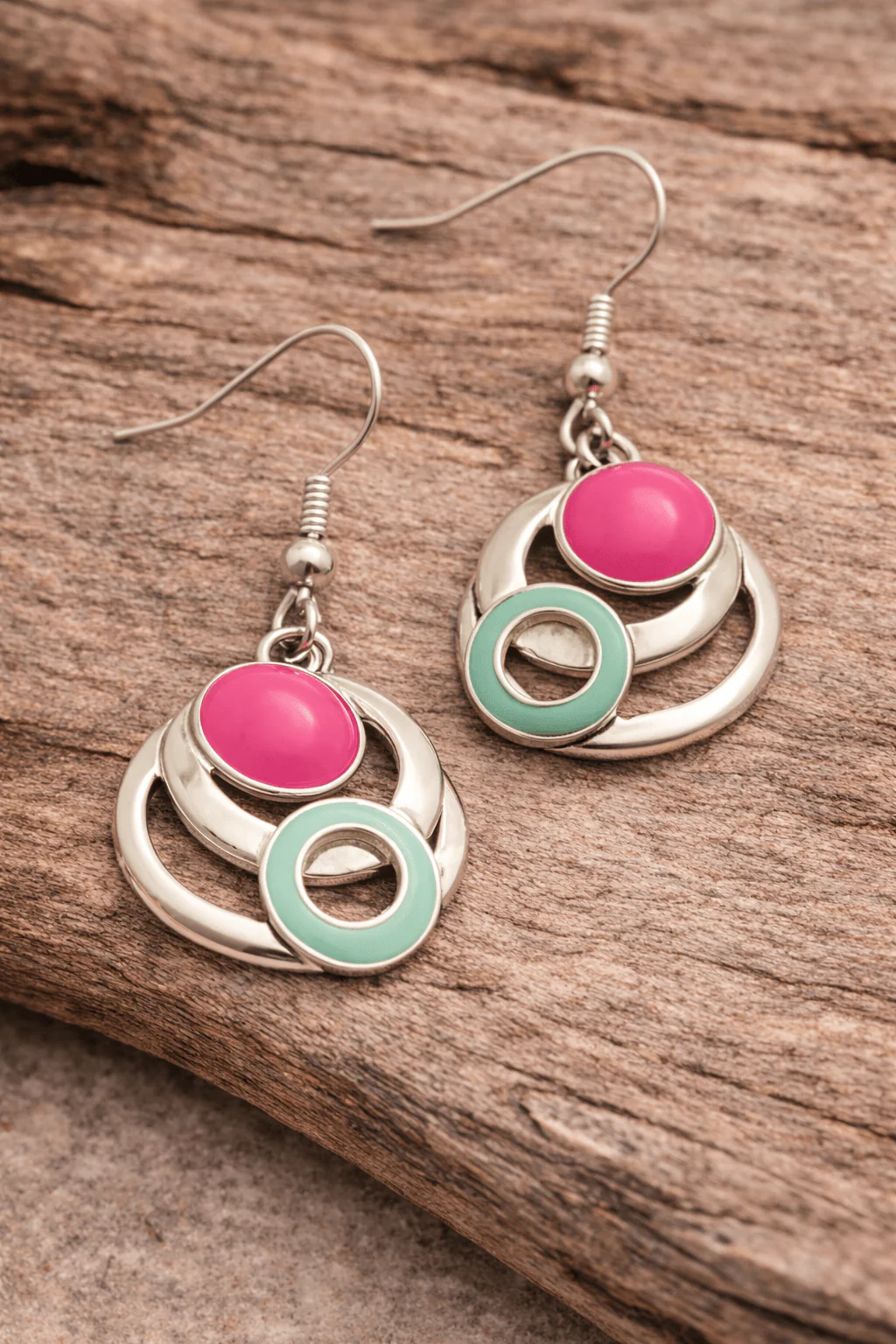 Miss Milly Pink and Mint Enamel Drop Earrings Silver Tone - Image 2