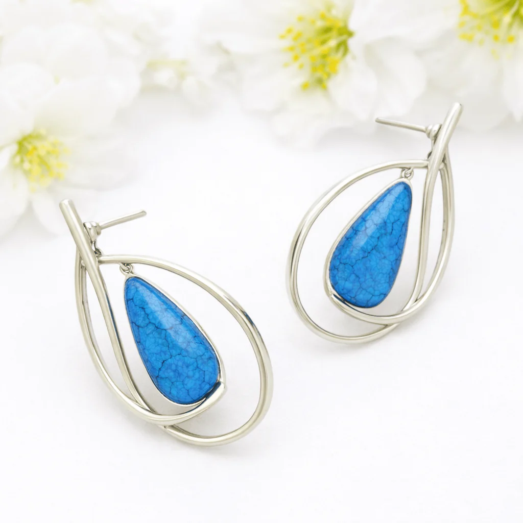 Miss Milly Silver Tone Teardrop Swirl Earrings – Blue Crackle Resin - Image 5
