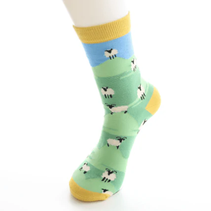 Ladies Miss Sparrow Bamboo Socks Highland Sheep Design Denim and Green - Image 2