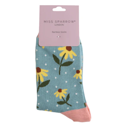 Miss Sparrow Ladies Bamboo Socks Sunflowers Design Duck Egg - Image 2