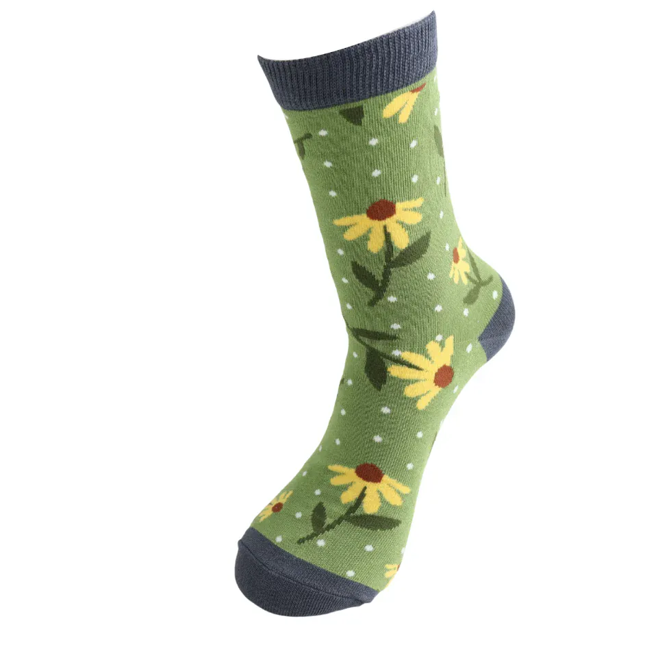Miss Sparrow Ladies Bamboo Socks Sunflowers Design Green - Image 3