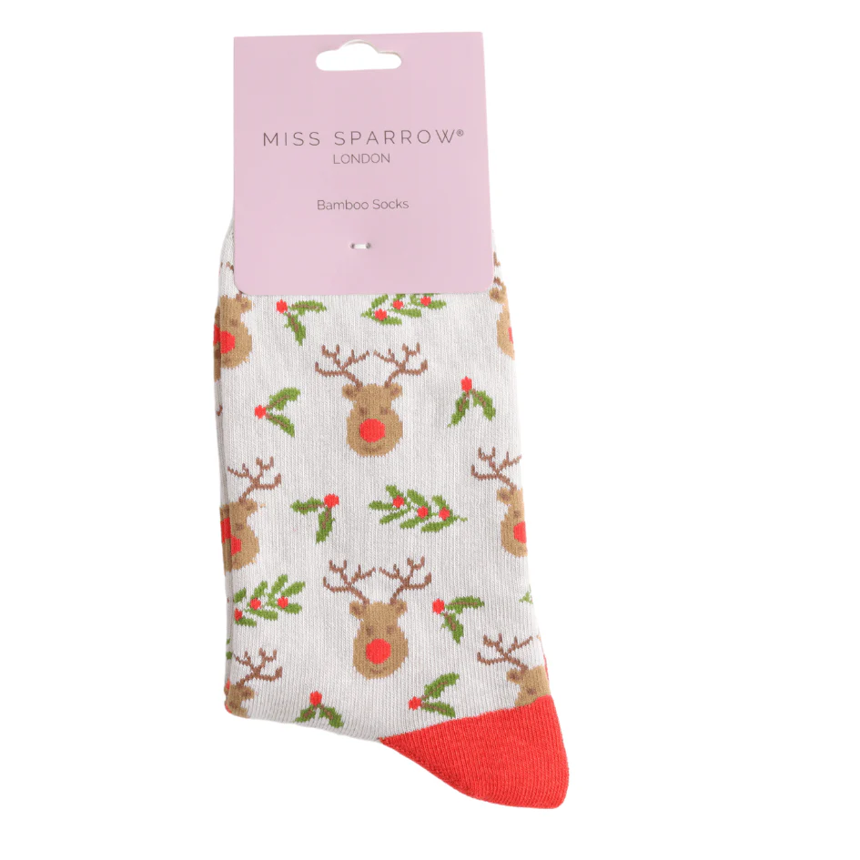 Ladies Miss Sparrow Bamboo Socks Reindeer & Holly Design Silver Grey - Image 2