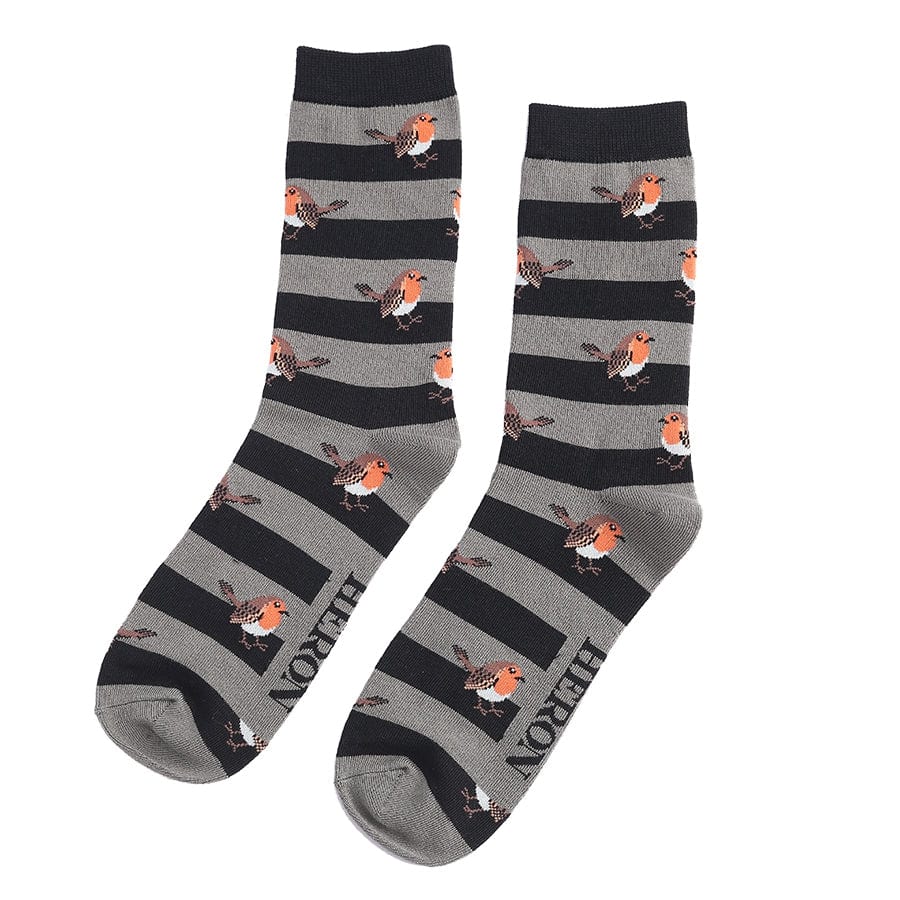 Mr Heron Robin's and Stripes Design Bamboo Socks , Men's Black and Grey - Image 2