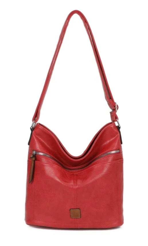 Multi Pocket Horizontal Front Zip Bucket Shoulder Bag, Faux Leather - Image 16