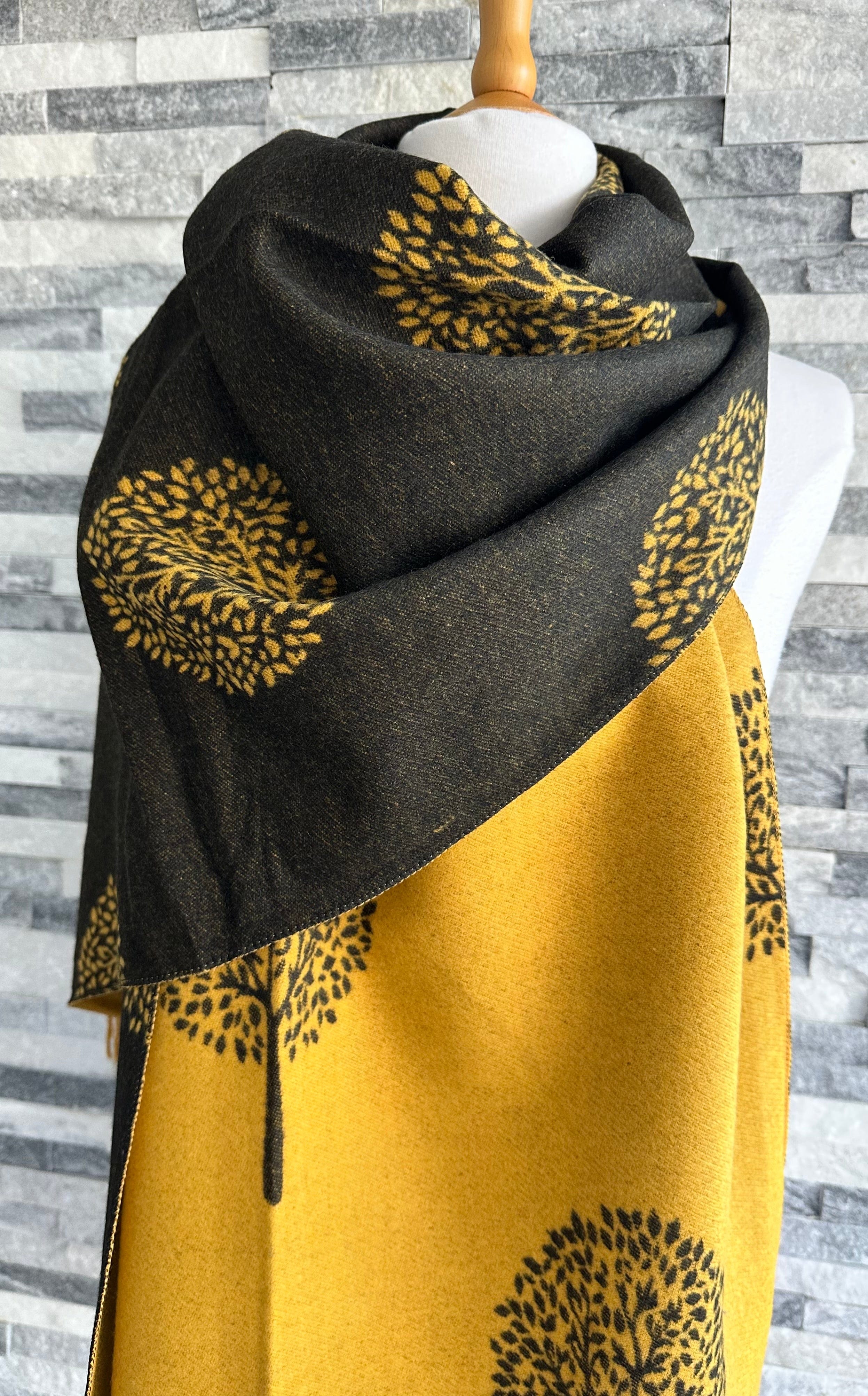 Mustard and Black Mulberry Tree Scarf / Wrap , Cashmere Blend - Image 5