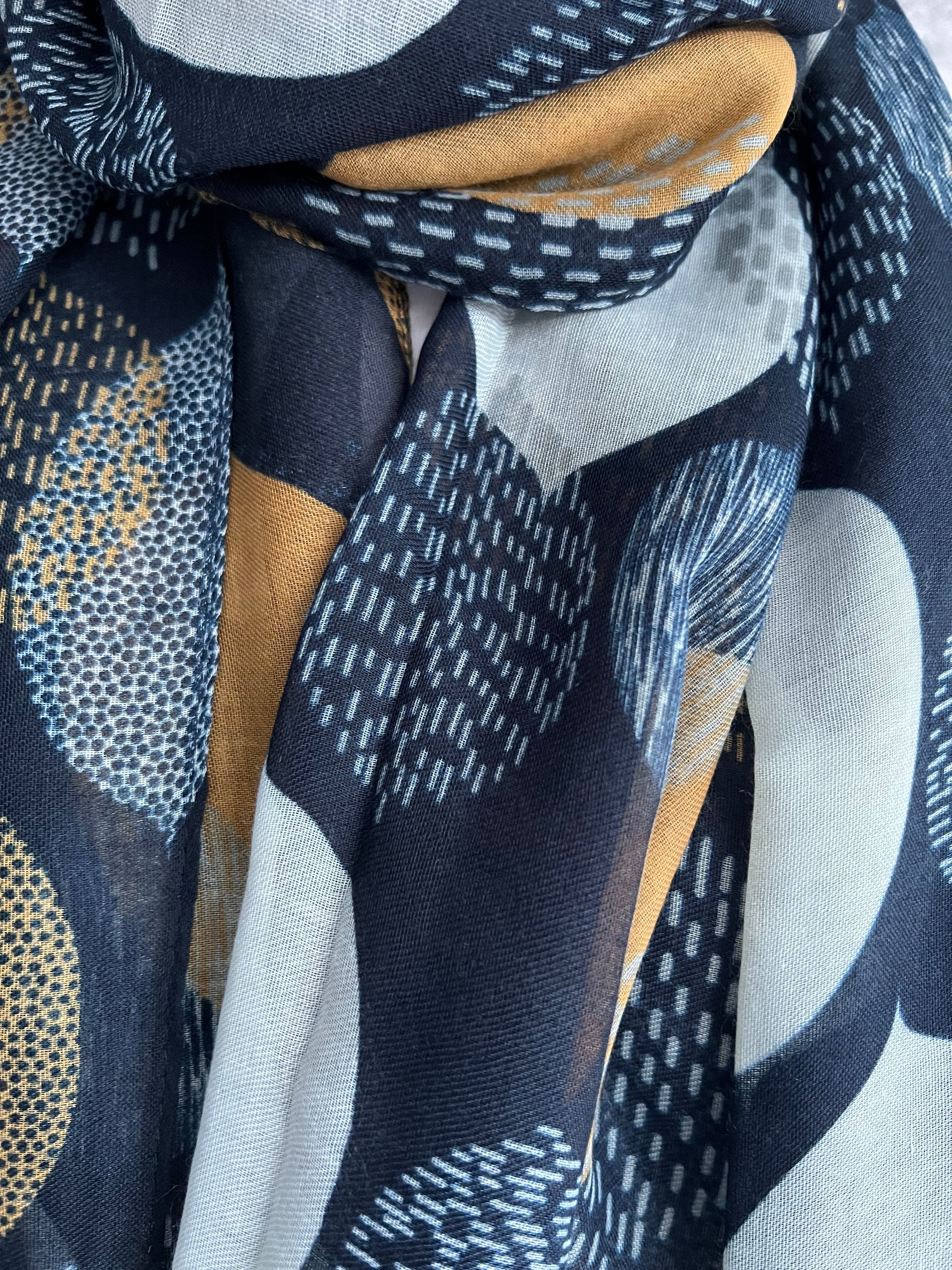 Navy Blue Large Leaves Scarf - Image 3