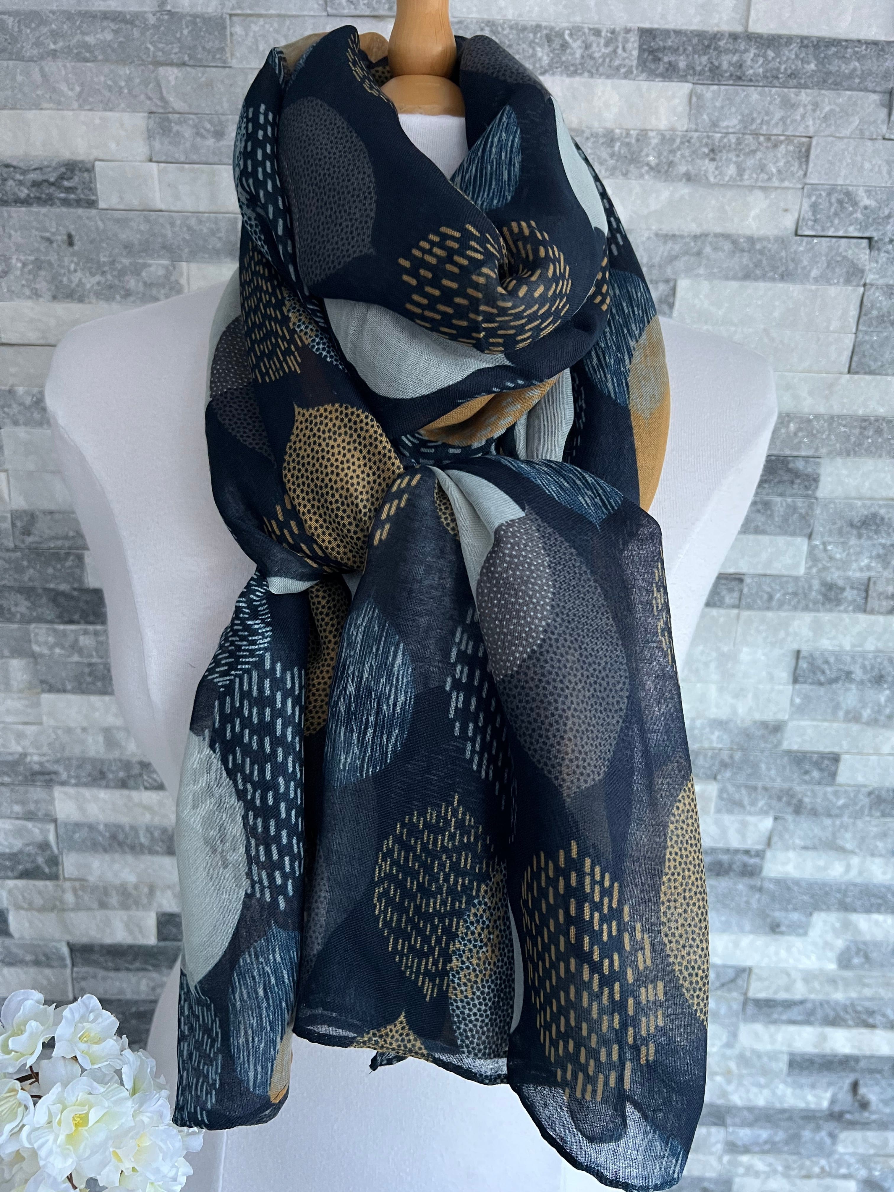 Navy Blue Large Leaves Scarf - Image 4