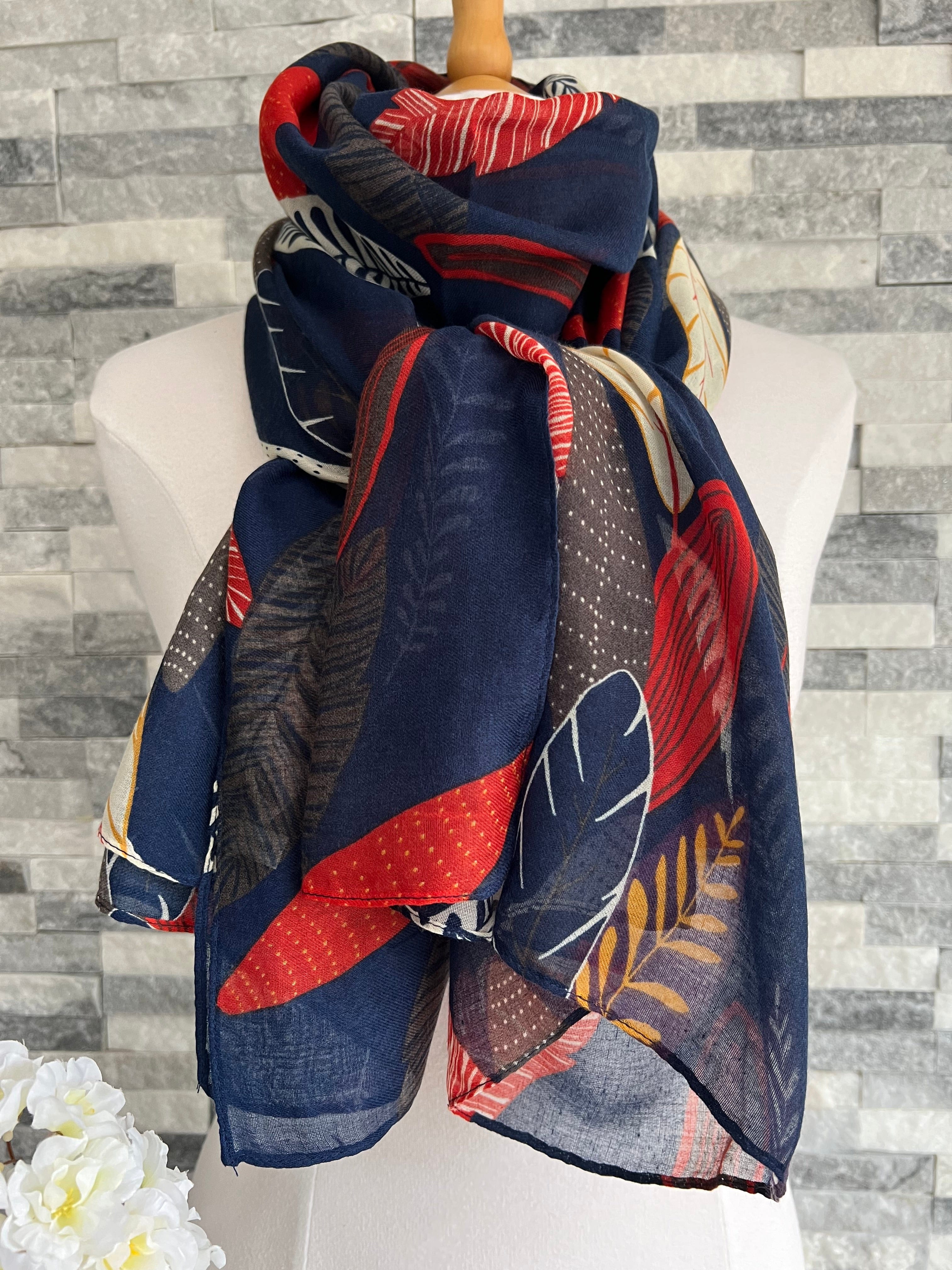 Navy Patterned Leaves Scarf - Image 3