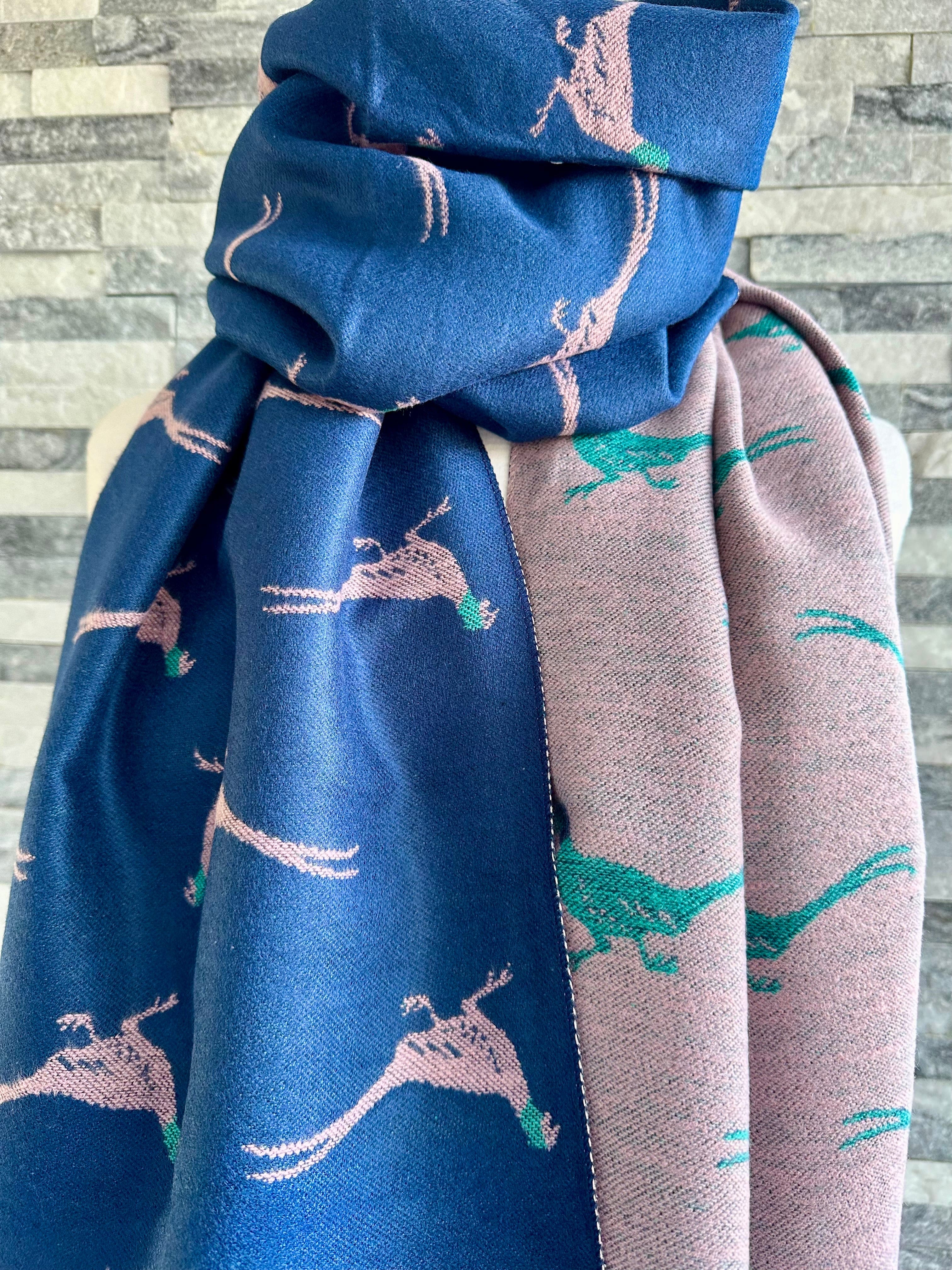 Navy , Pink and Teal Reversible Scarf / Shawl With Pheasants Design - Image 2