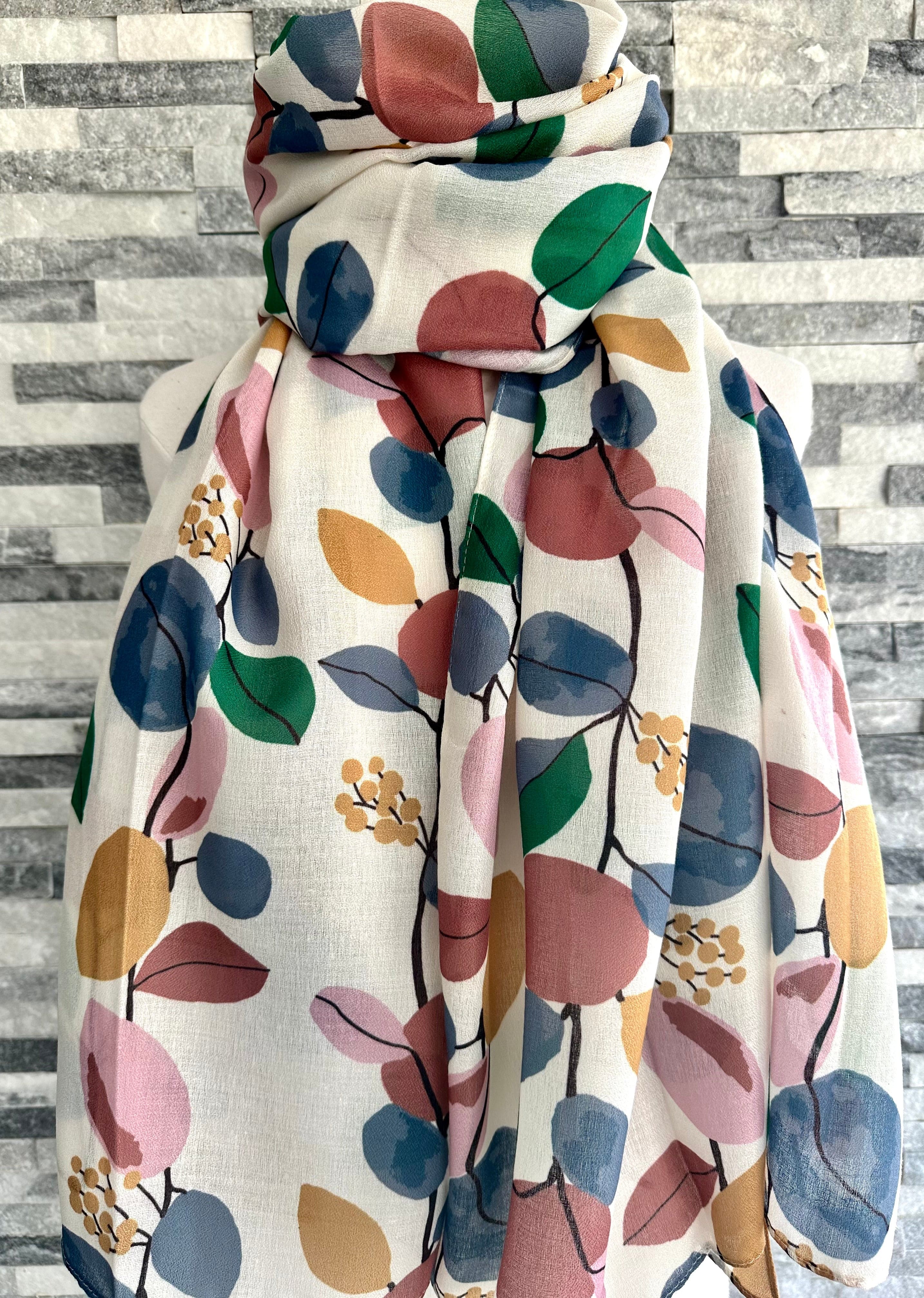 Off White, Blue , Green and Pink Large Leafy Leaves Scarf. - Image 3