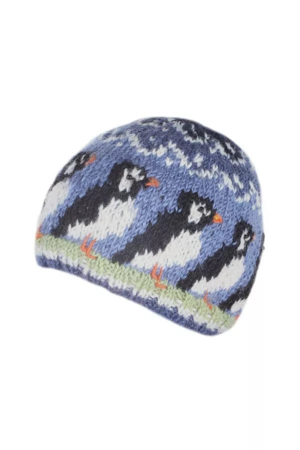Pachamama Circus Of Puffins Beanie Womens , Hand Knitted, Fair Trade