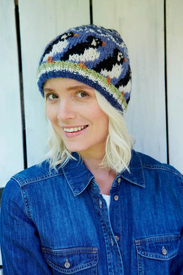 Pachamama Circus Of Puffins Beanie Womens , Hand Knitted, Fair Trade - Image 2