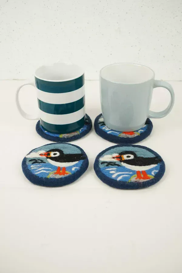Pachamama Circus Of Puffins Coaster 10cm Pk 4, Hand Felted