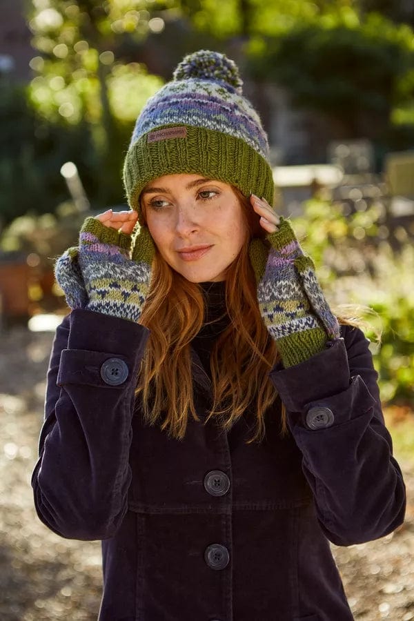 Pachamama Classic Fair Isle (previously named Finisterre ) Roll  Back Bobble Beanie , Womens Handknitted Olive Green . - Image 4