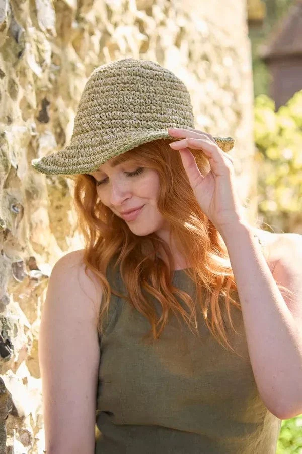 Pachamama Hemp/Cotton Hat , Packable / Foldable Natural and Sage Green, Handmade, Fair Trade - Image 6