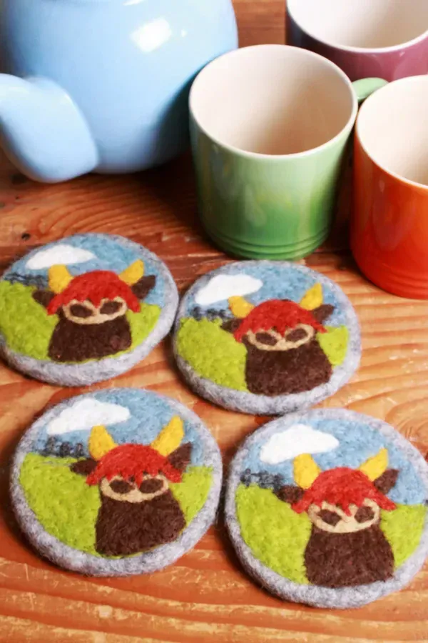 Pachamama Highland Cow Coaster 10cm Pk 4, Hand Felted.