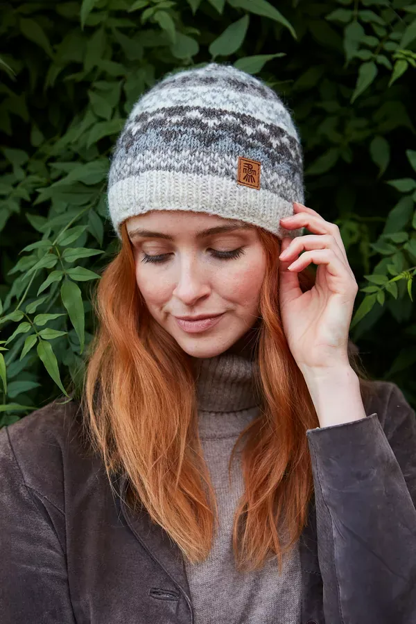 Pachamama Ladies Classic Fairisle Beanie, Natural , Handknitted , Fairtrade - Image 5