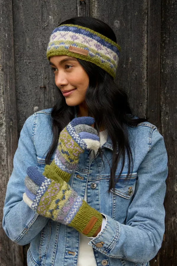 Pachamama Ladies Classic Fairisle Headband, Olive Green , Handknitted , Fairtrade - Image 2