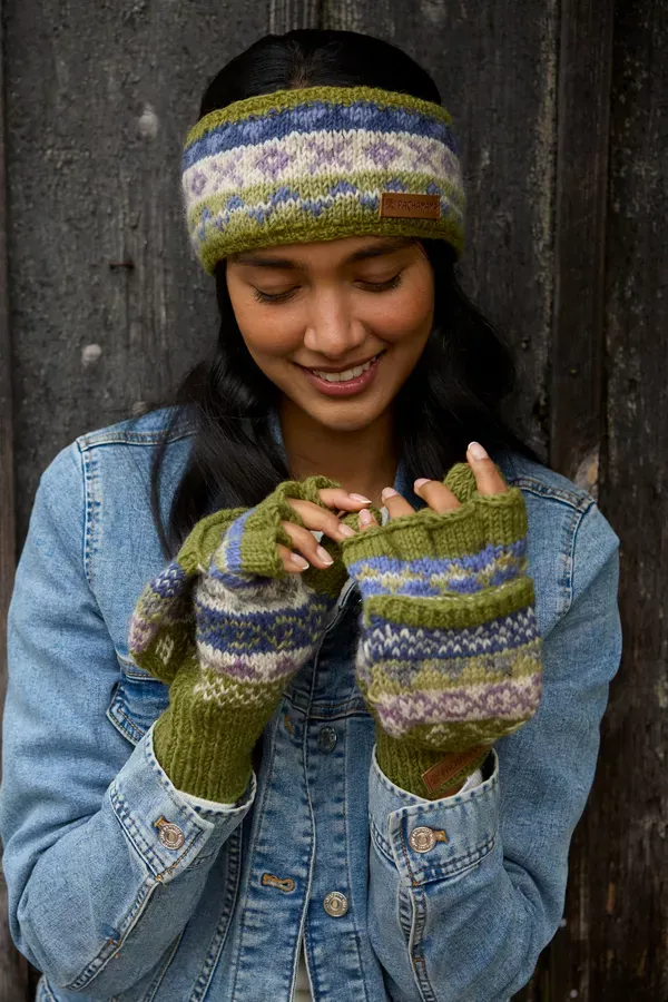 Pachamama Ladies Classic Fairisle Headband, Olive Green , Handknitted , Fairtrade - Image 6