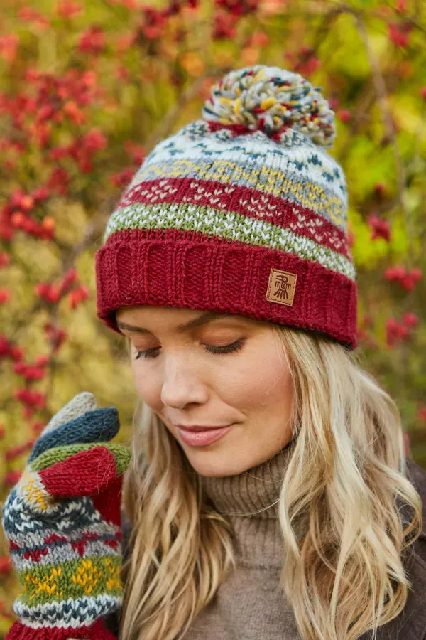 Pachamama Ladies Classic Fairisle Roll Back Bobble Beanie , Rust Red , Handknitted , Fairtrade - Image 3
