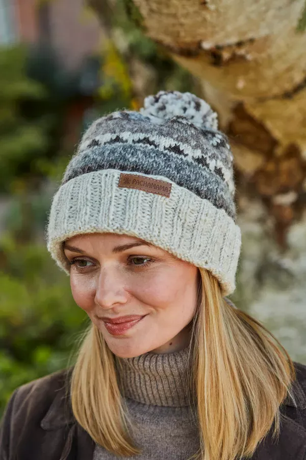 Pachamama Ladies Classic Fairisle Rollback Bobble Beanie, Natural , Handknitted , Fairtrade - Image 4