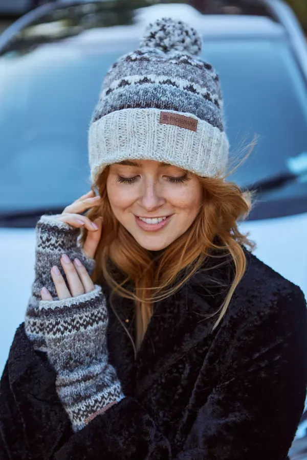 Pachamama Ladies Classic Fairisle Rollback Bobble Beanie, Natural , Handknitted , Fairtrade - Image 6