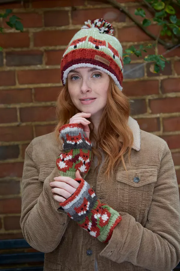 Pachamama Skulk Of Foxes Roll Back Bobble Hat , Handknitted , Fairtrade