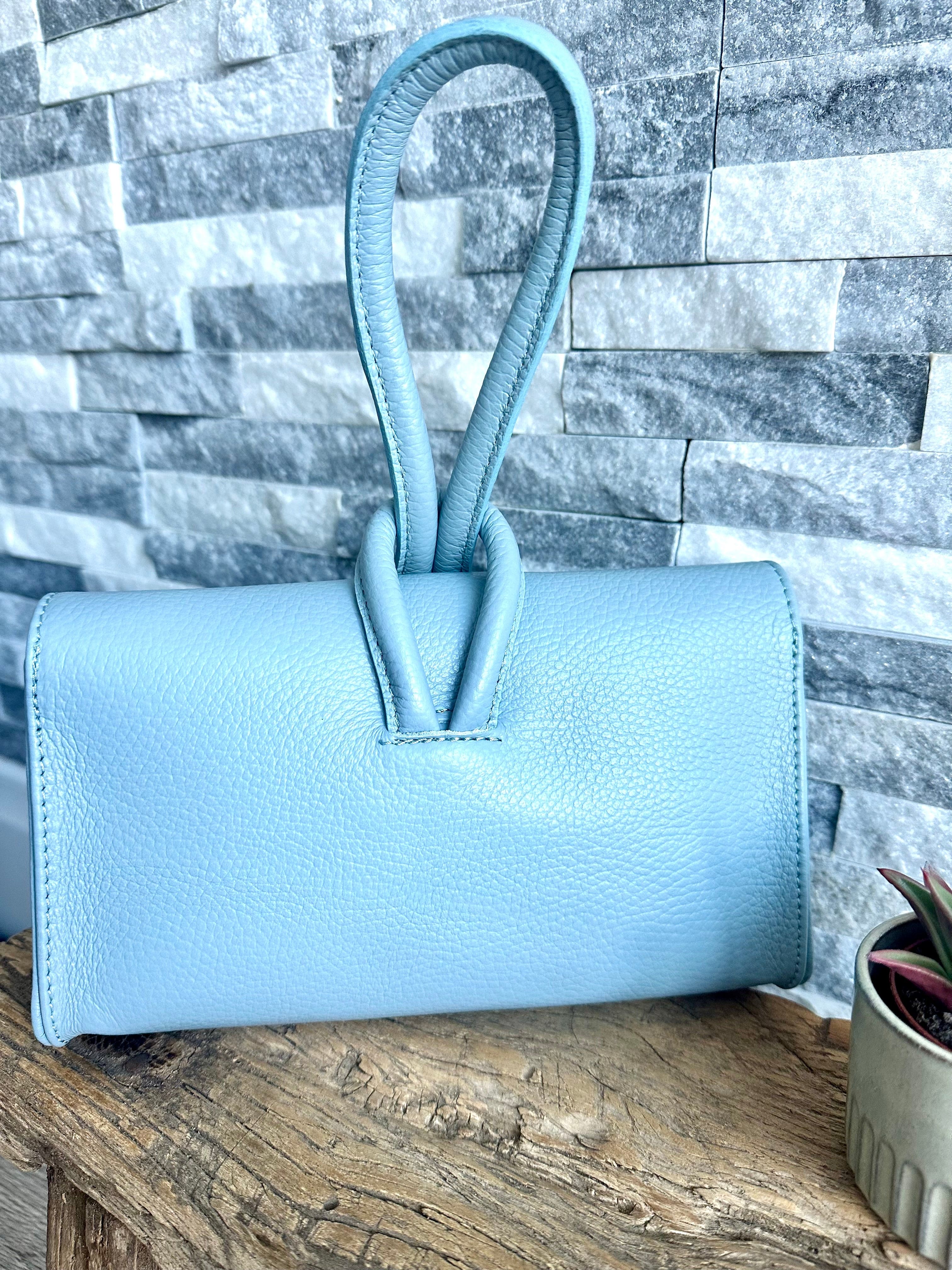 Pale  Blue Italian Leather Clutch Bag , Evening Bag with Loop Handle - Image 5