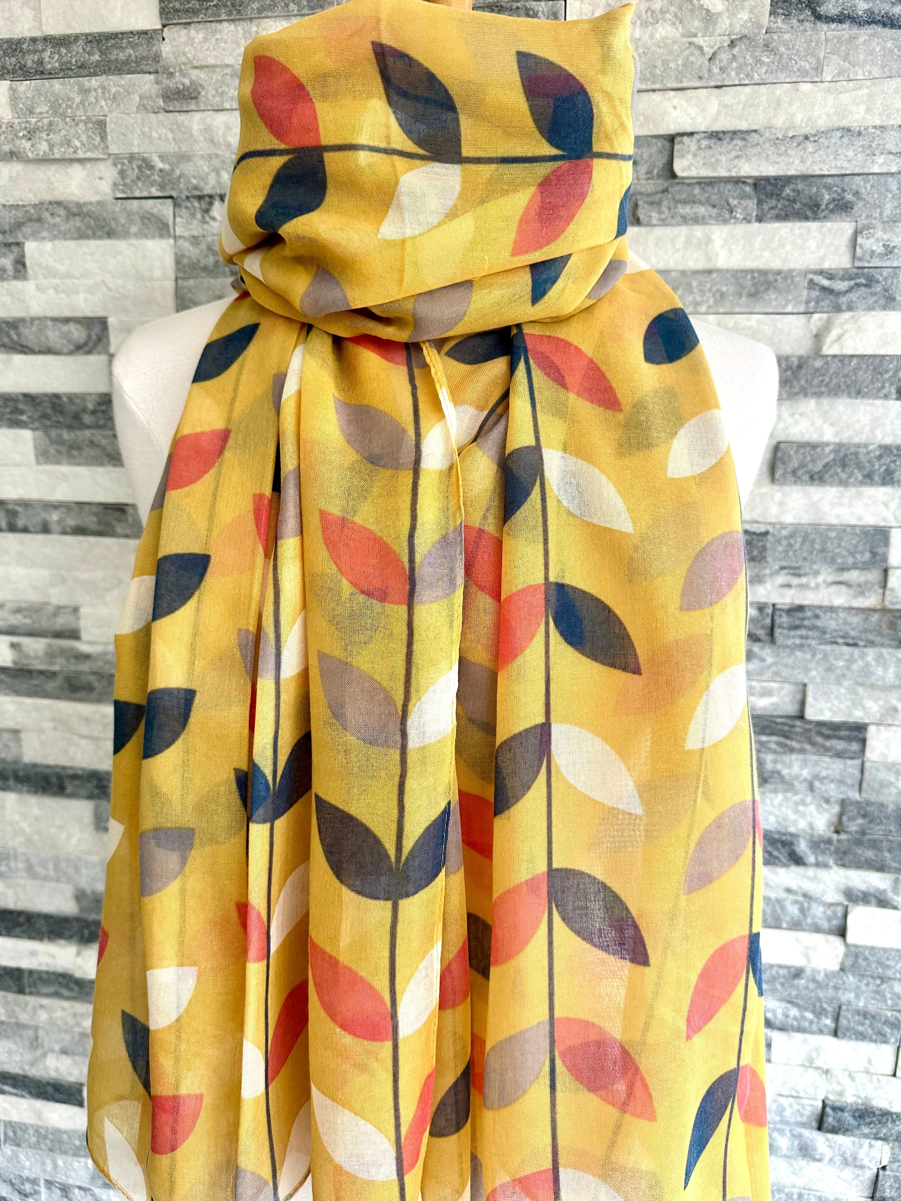 Red Cuckoo Yellow Scarf with White, Navy and Orange Leaves - Image 2