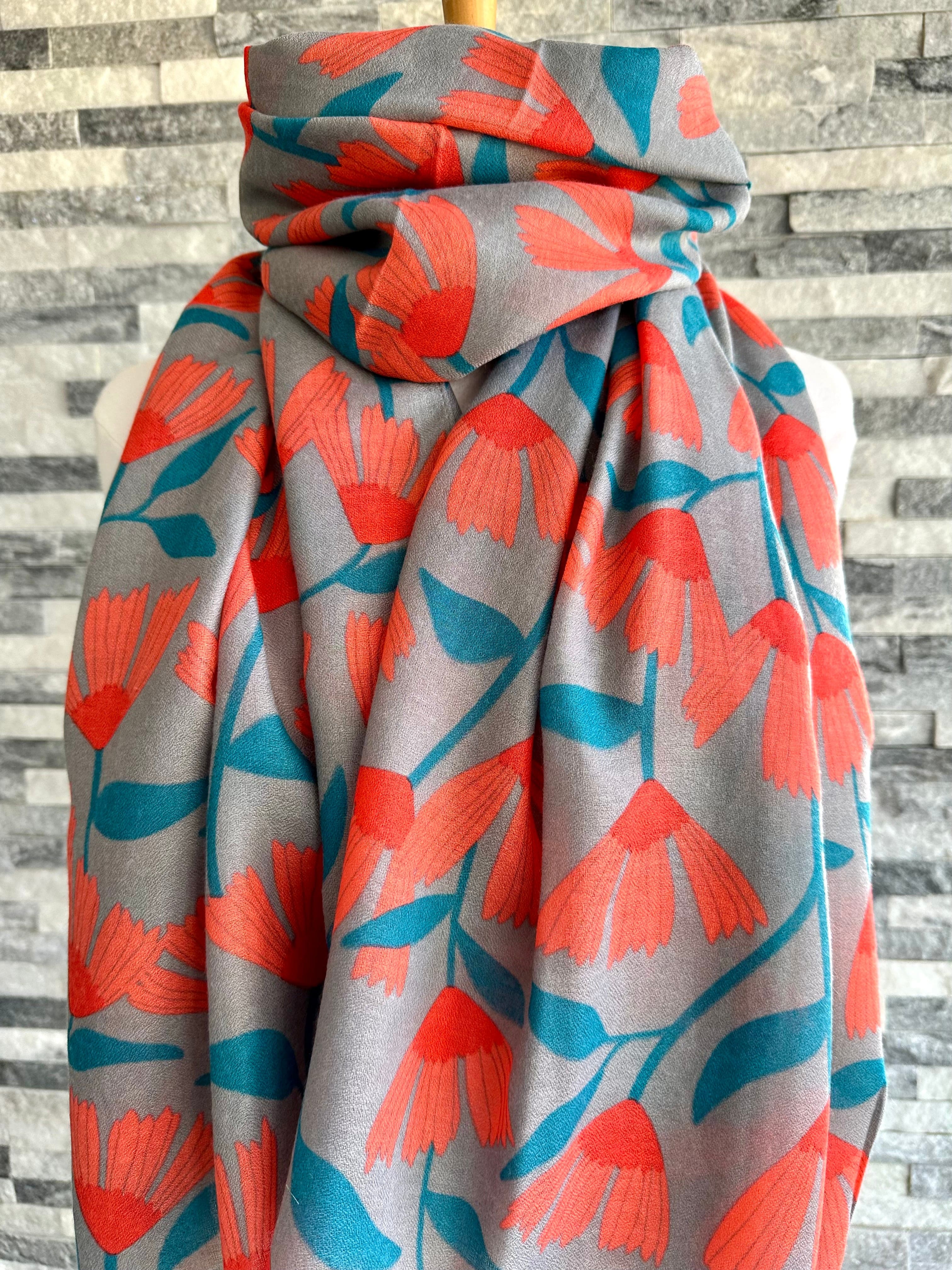 Red Cuckoo Trailing Flowers Design Scarf , Grey , Coral and Teal. - Image 2