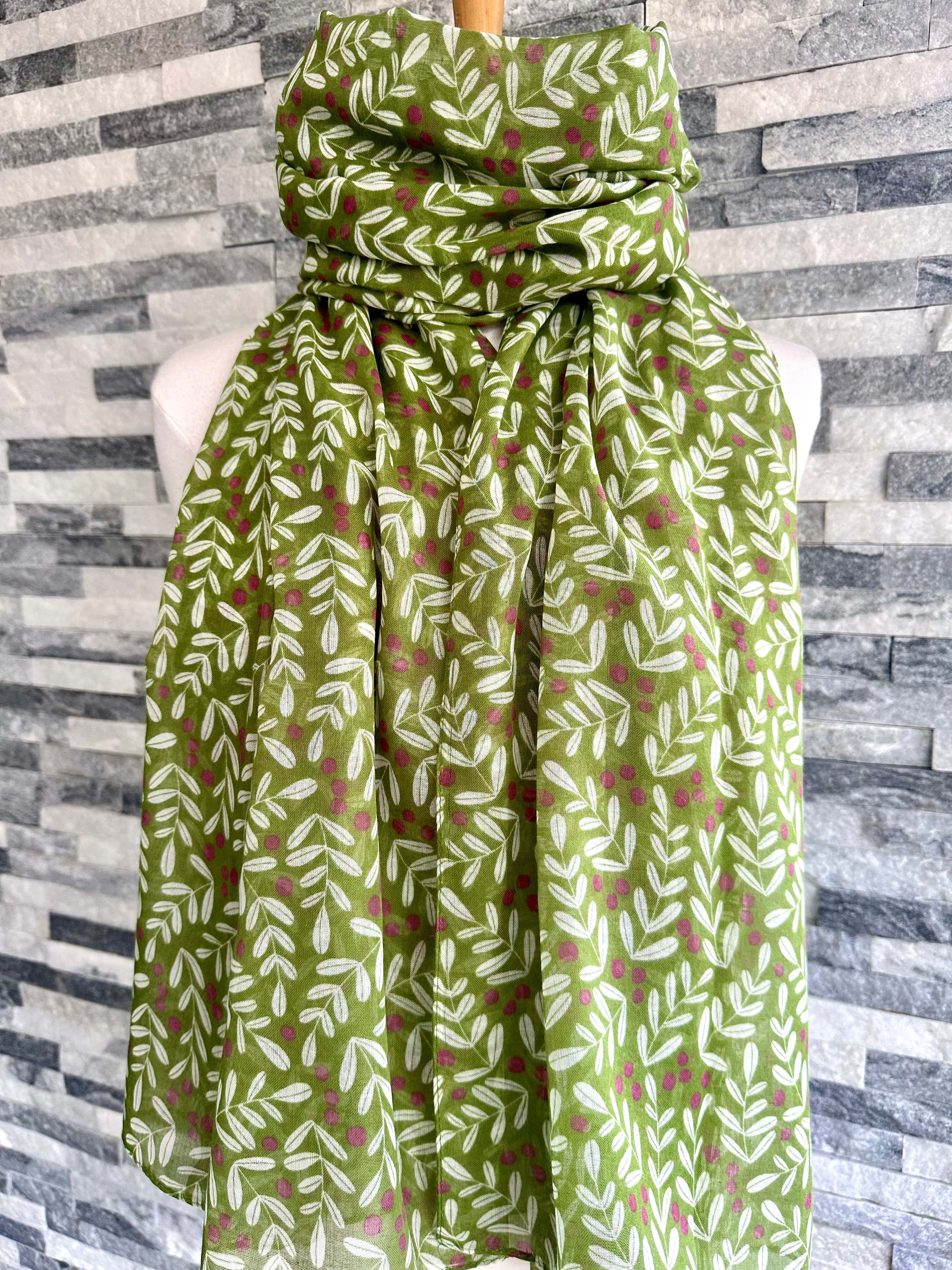 Red Cuckoo Green Scarf with a White Leaves and Berries Design - Image 2