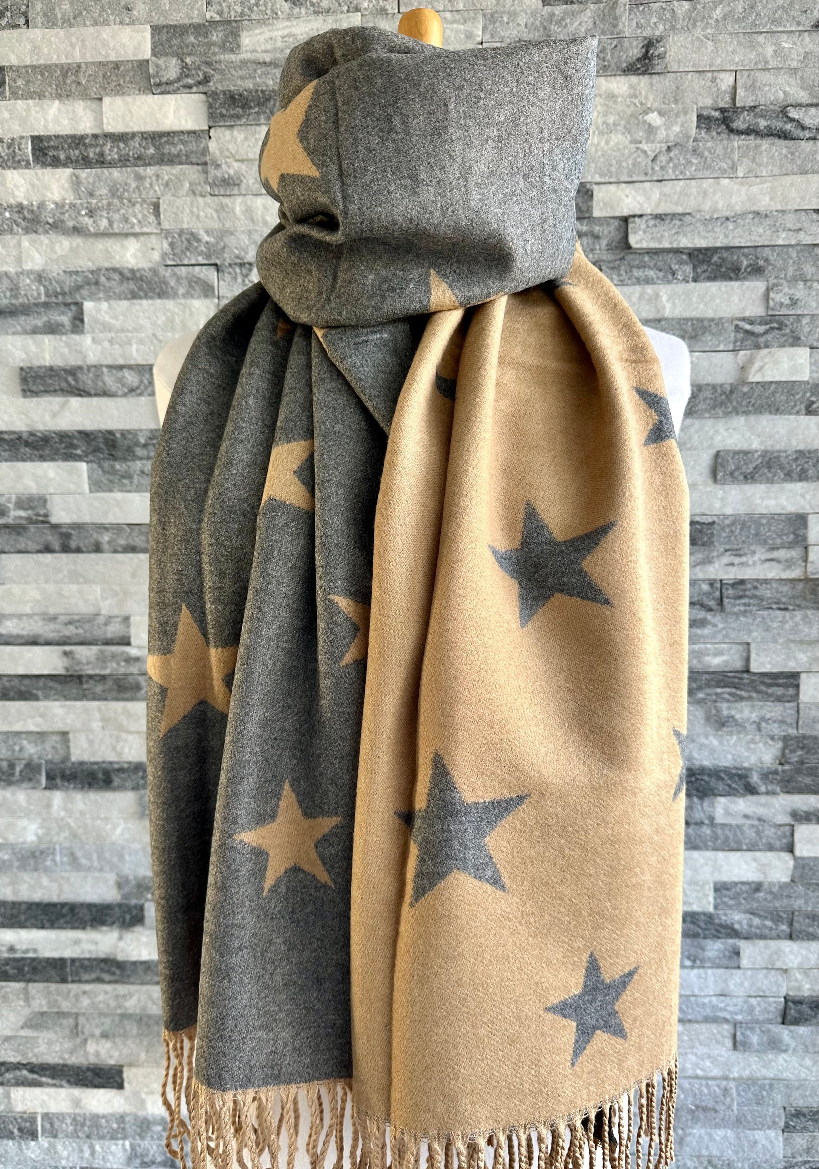 Reversible Camel and Grey Stars Scarf/Shawl Cashmere Blend - Image 3
