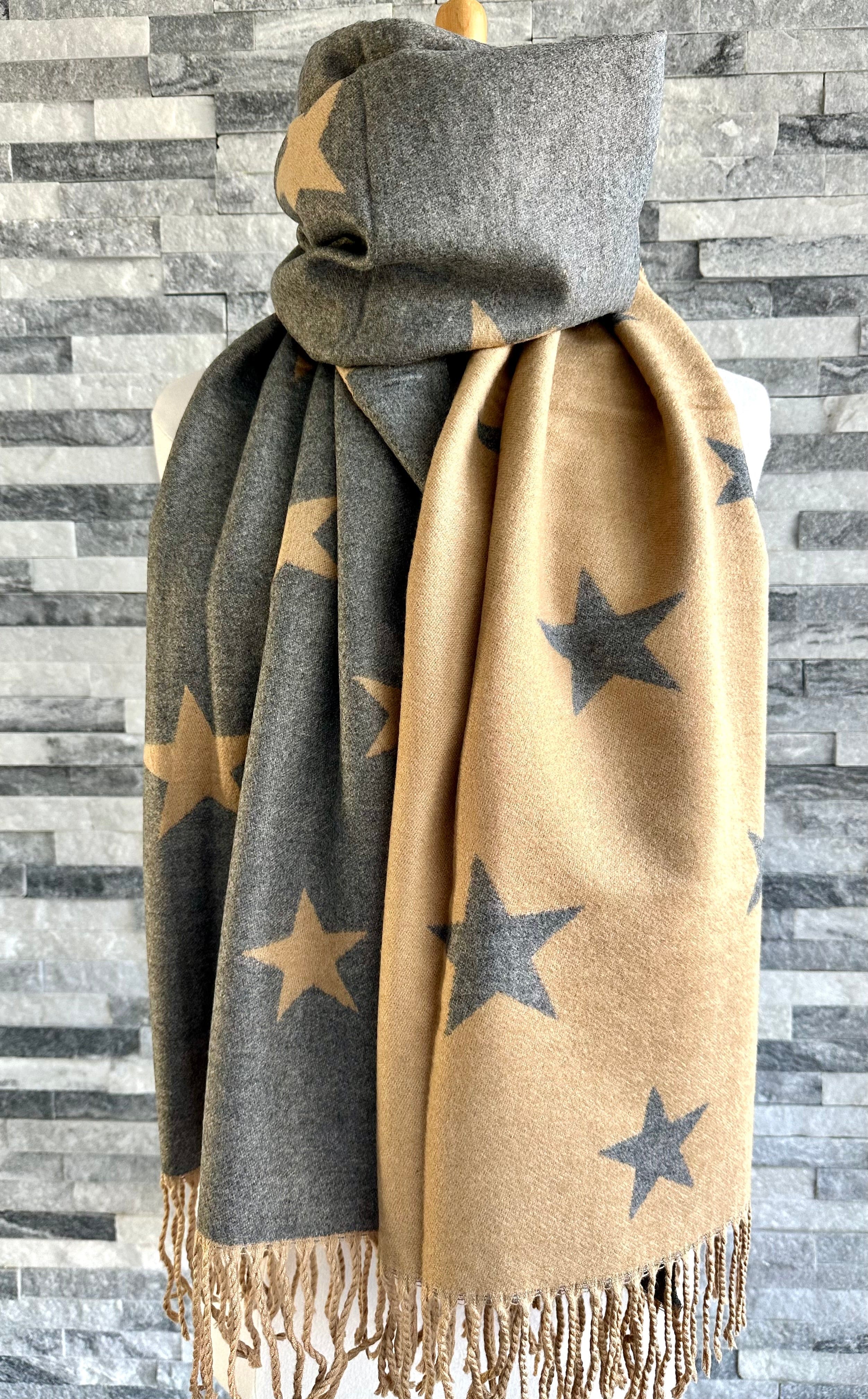 Reversible Camel and Grey Stars Scarf/Shawl Cashmere Blend - Image 4