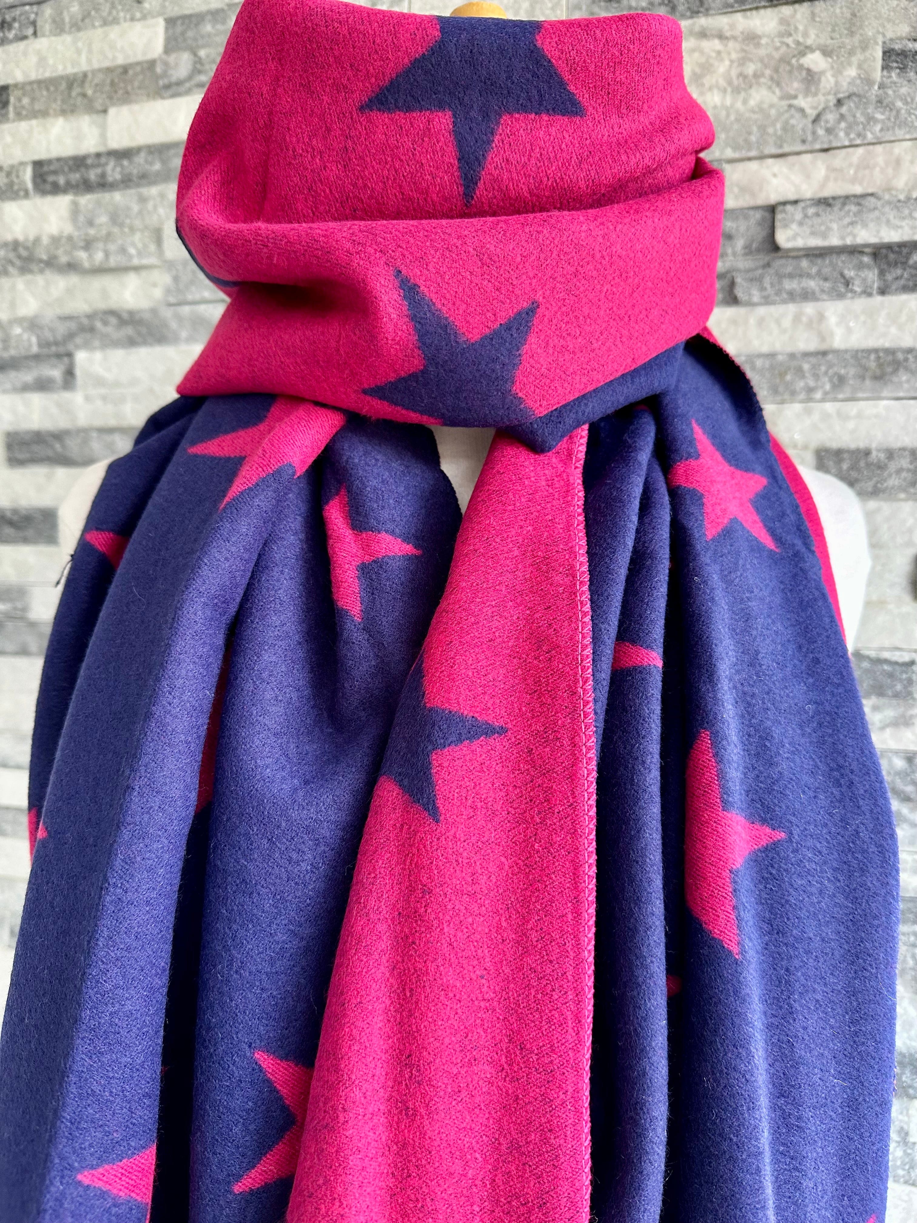 Reversible Hot Pink and Navy Blue Stars Scarf/Shawl Cashmere Blend - Image 3