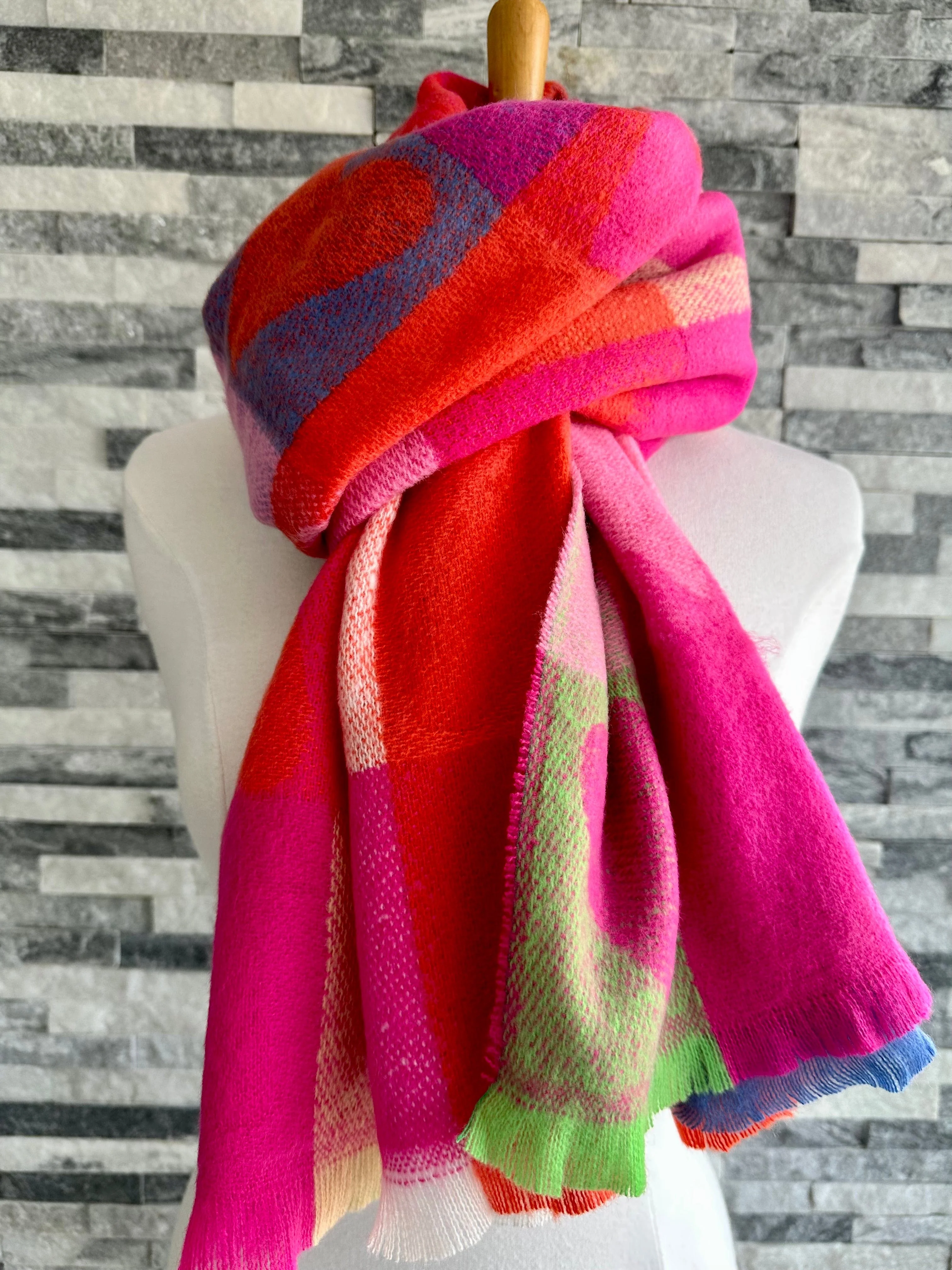 Thick Winter Hearts Scarf , Woven Soft Wool Feel . - Image 3
