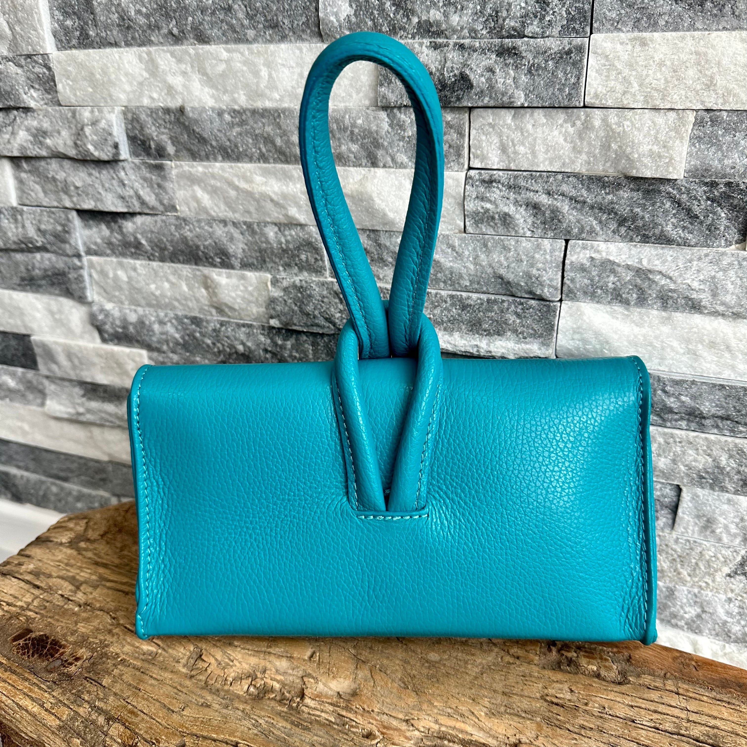 Turquoise Italian Leather Clutch Bag, Evening Bag with Loop Handle - Image 5