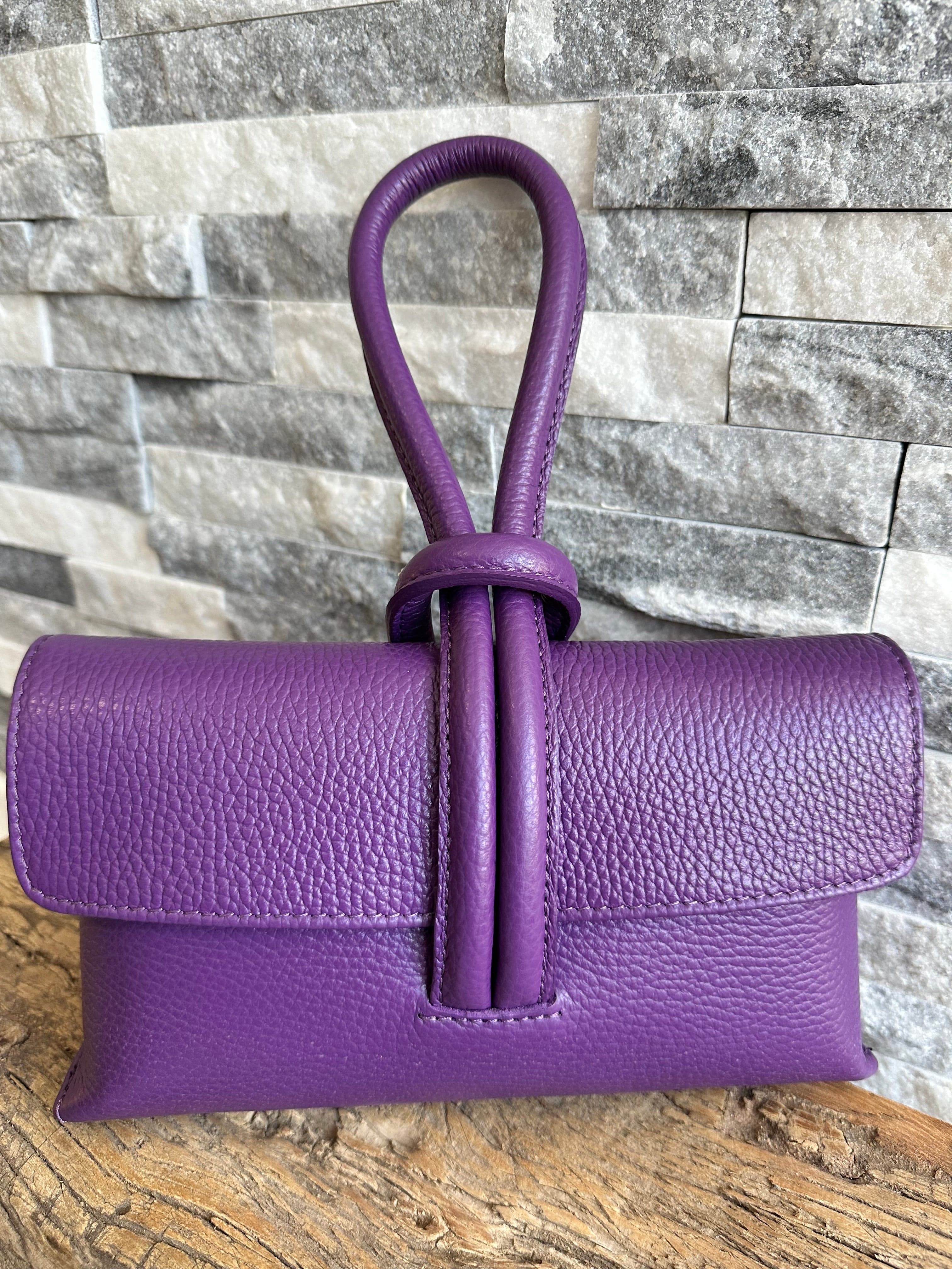 Purple Italian Leather Clutch Bag, Evening Bag with Loop Handle.