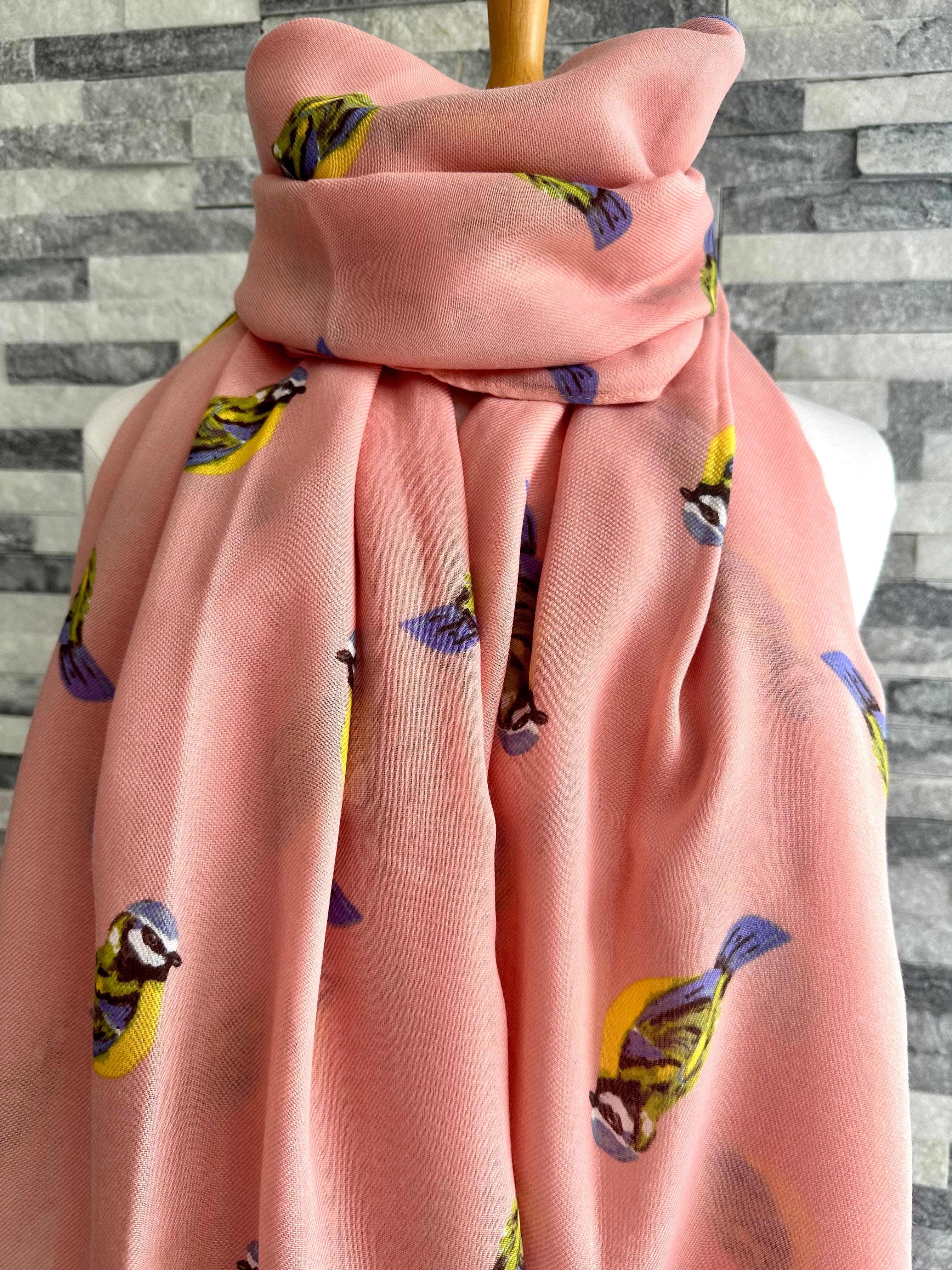 Ladies Pink Scarf with Blue Tits Design - Image 2