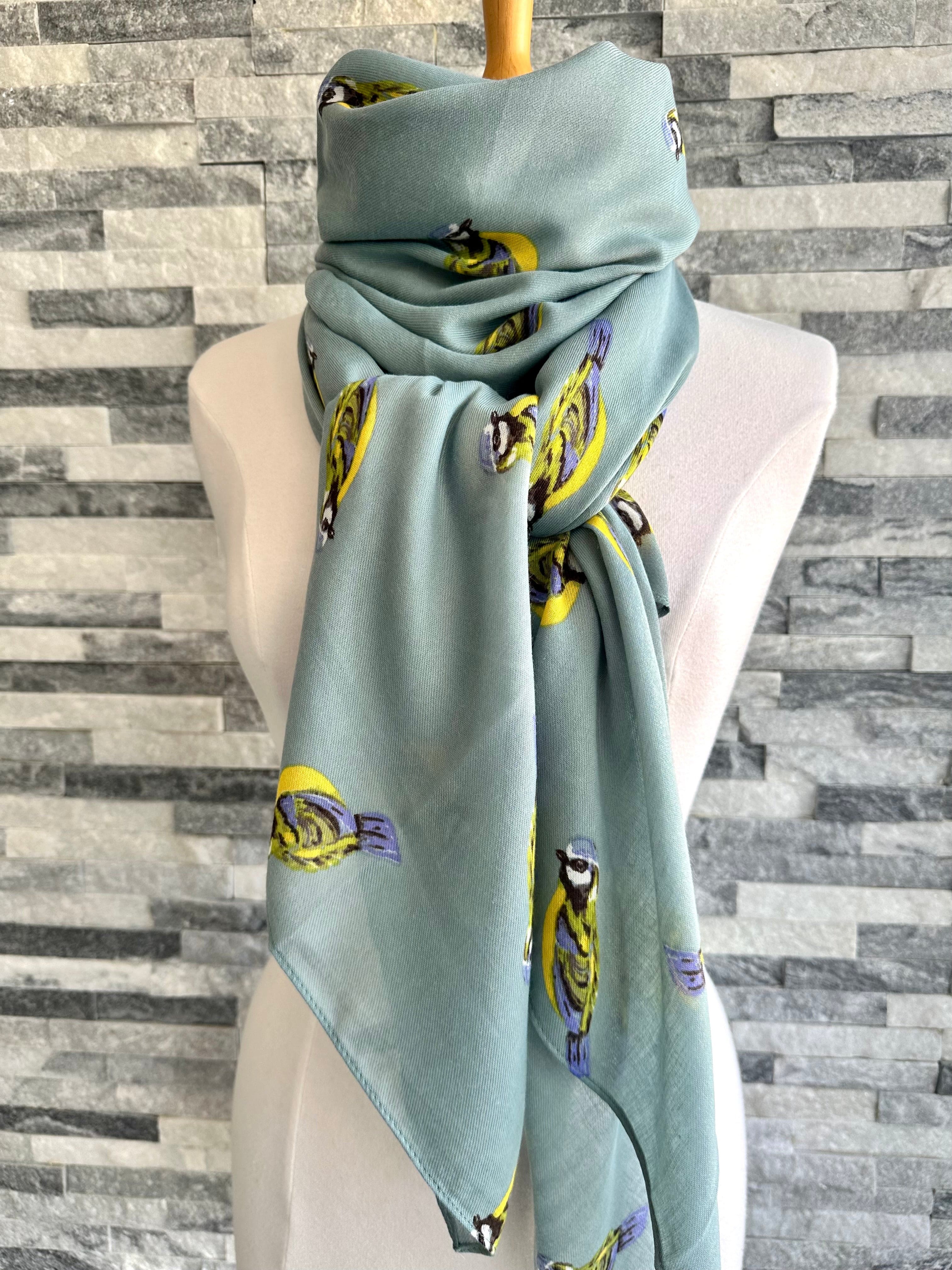 Ladies Large Duck Egg Scarf with Blue Tits Design. - Image 5